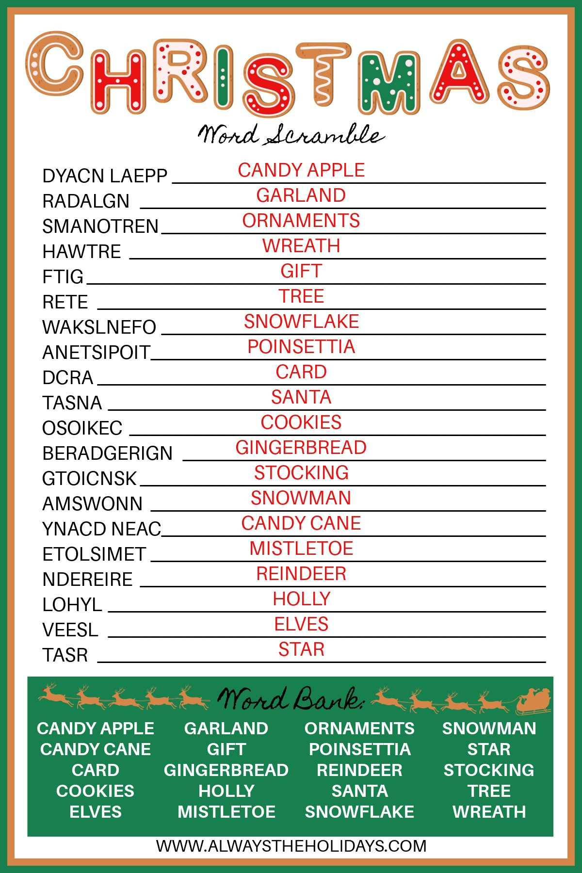 Free Christmas Word Scramble Printable With Answer Key Included within Free Printable Christmas Word Scramble With Answers