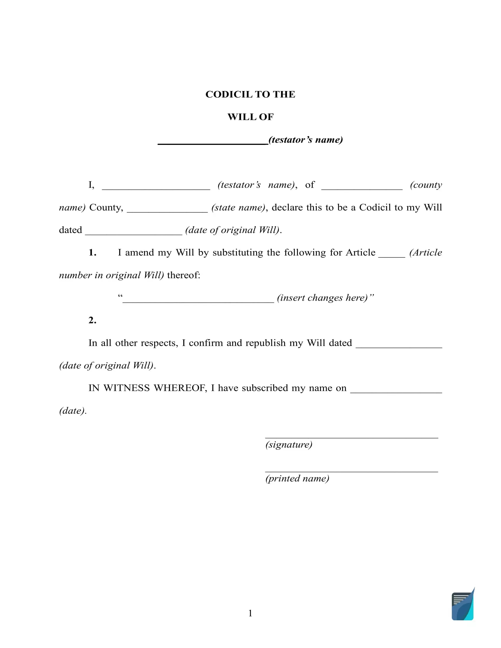 Free Codicil To Will Form ⇒ Printable Codicil Pdf Template pertaining to Free Printable Codicil Form