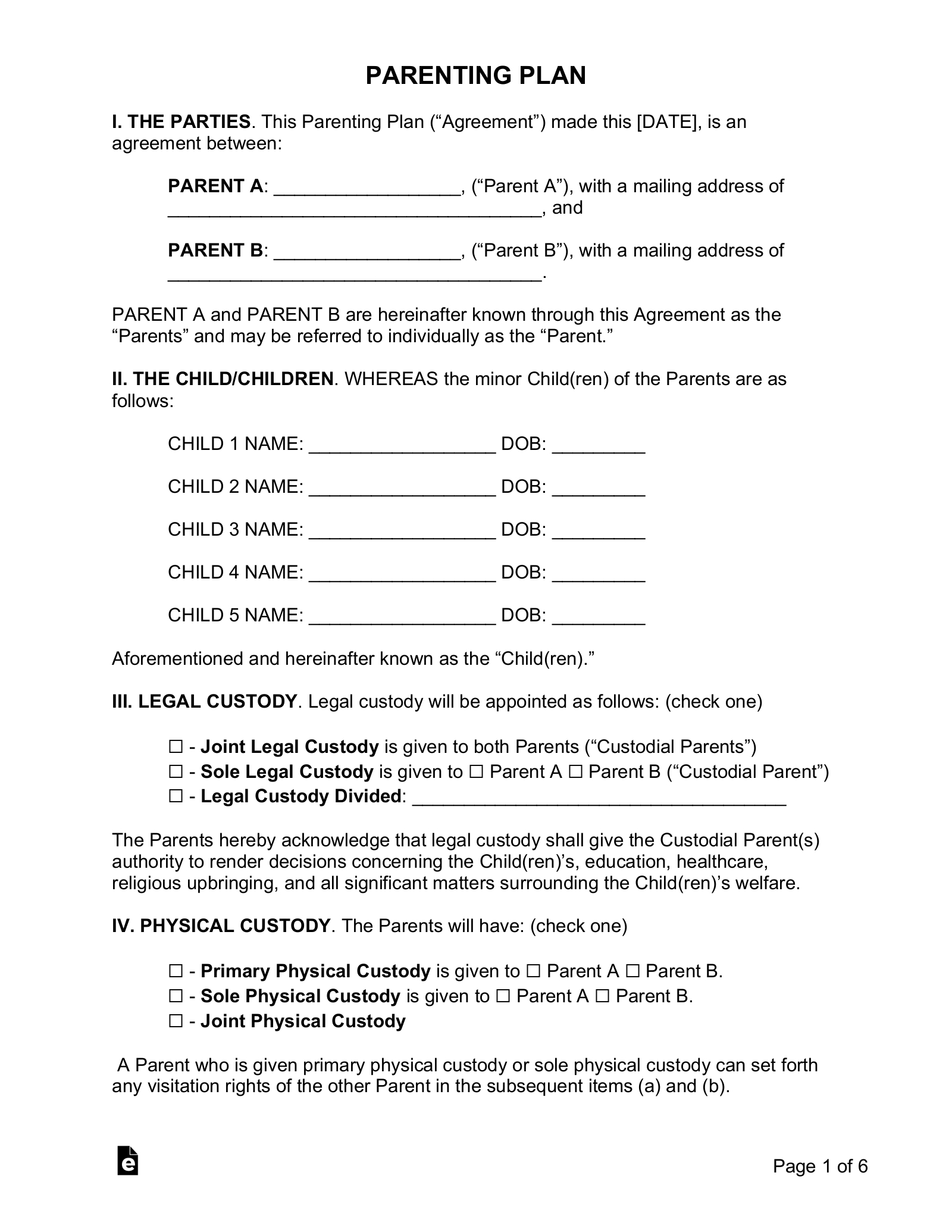 Free Custody (Parenting Plan) Agreement Template - Pdf | Word – Eforms intended for Free Printable Child Custody Forms