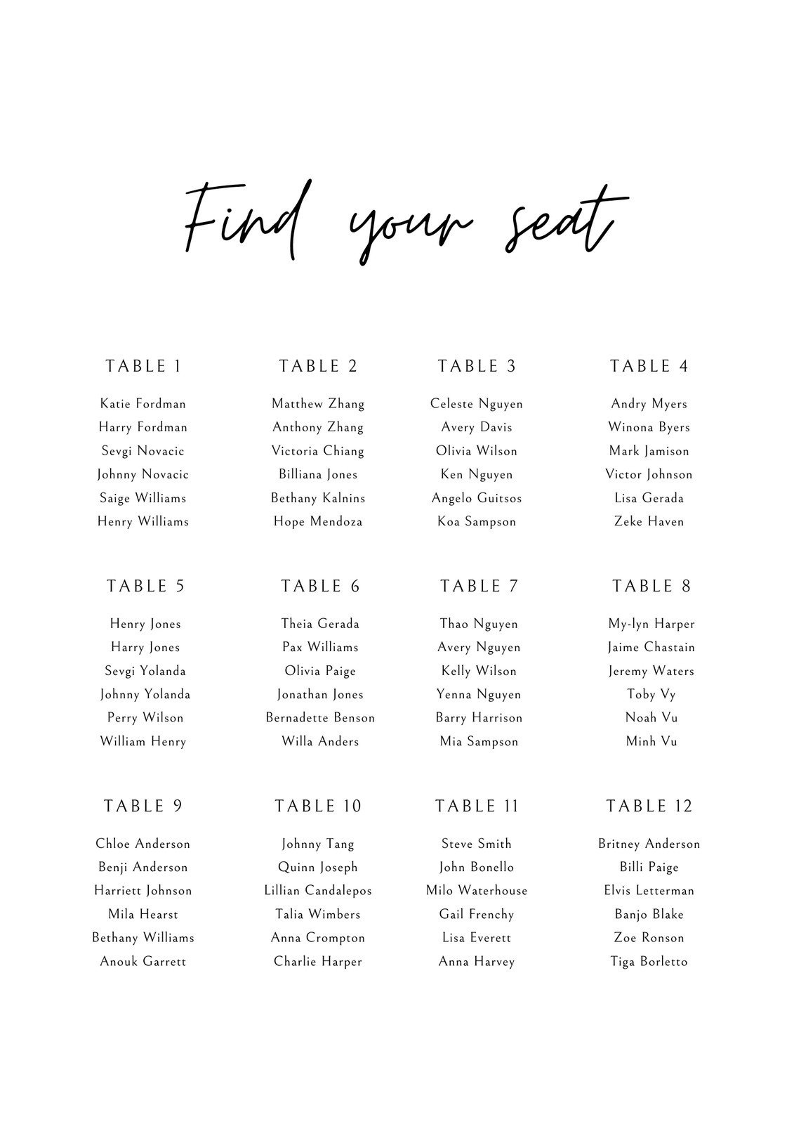 Free Custom Printable Wedding Seating Chart Templates | Canva inside Free Printable Wedding Seating Chart Template