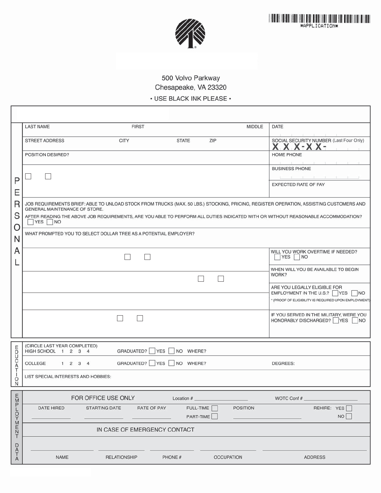 Free Dollar Tree Employment Application Form - Pdf | 462Kb | 2 with Free Printable Dollar Tree Application Form