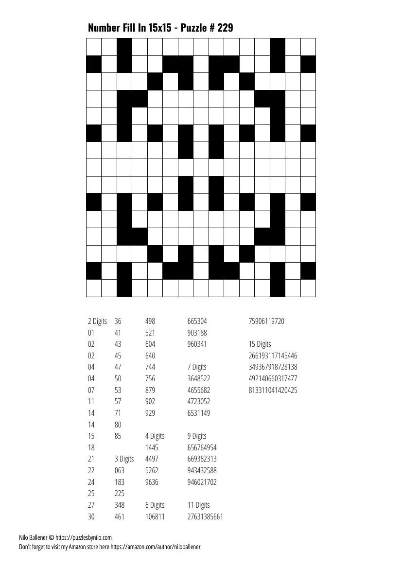 Free Downloadable Puzzle Number Fill In 15X15 # 229 — Puzzlesnilo within Free Printable Easy Fill In Puzzles
