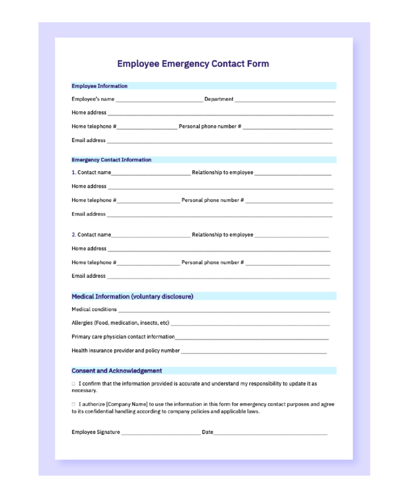 Free Employee Emergency Contract Form (Word &amp;amp; Editable Pdf) - Aihr intended for Free Printable Contact Forms