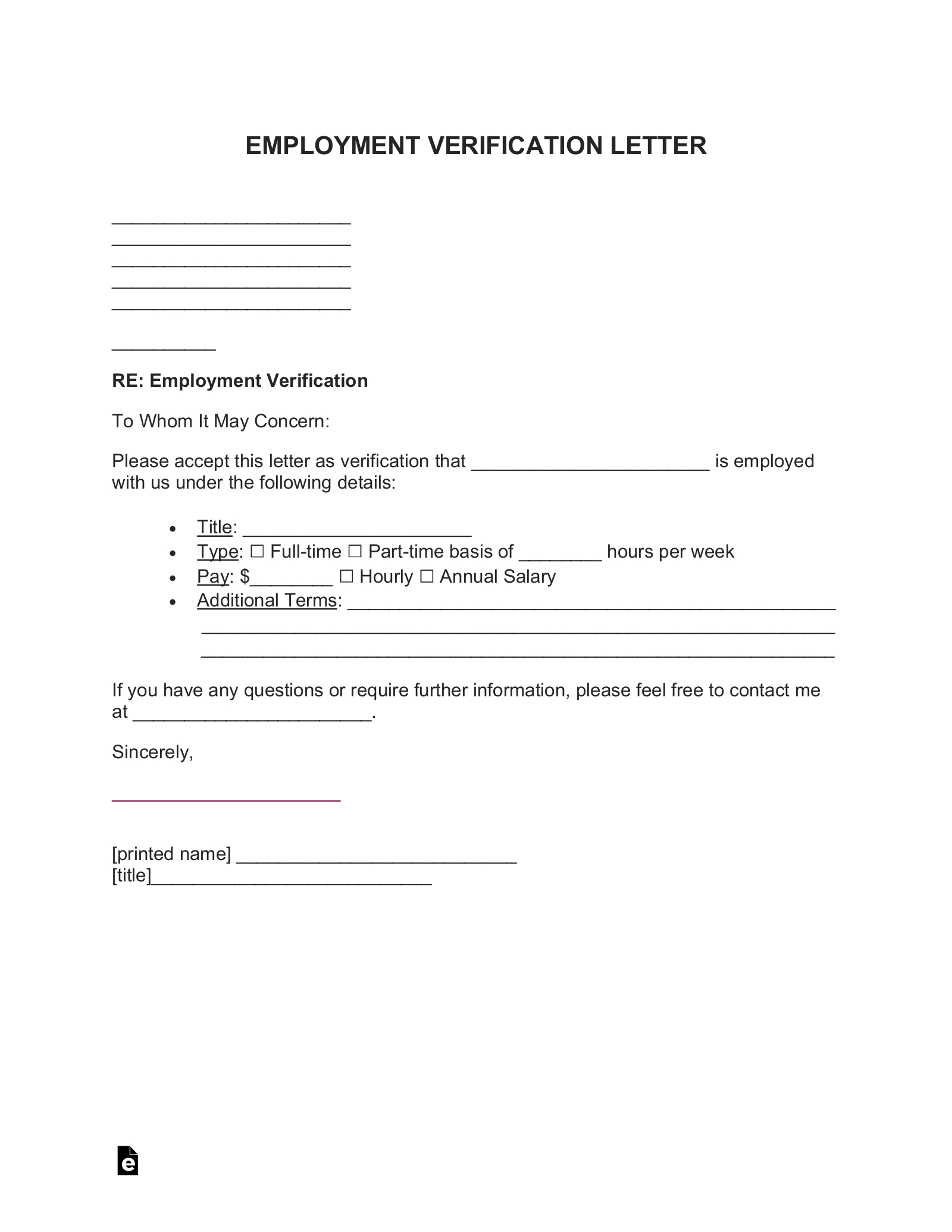 Free Employment (Income) Verification Letter - Pdf | Word – Eforms with regard to Free Printable Employment Verification Letter