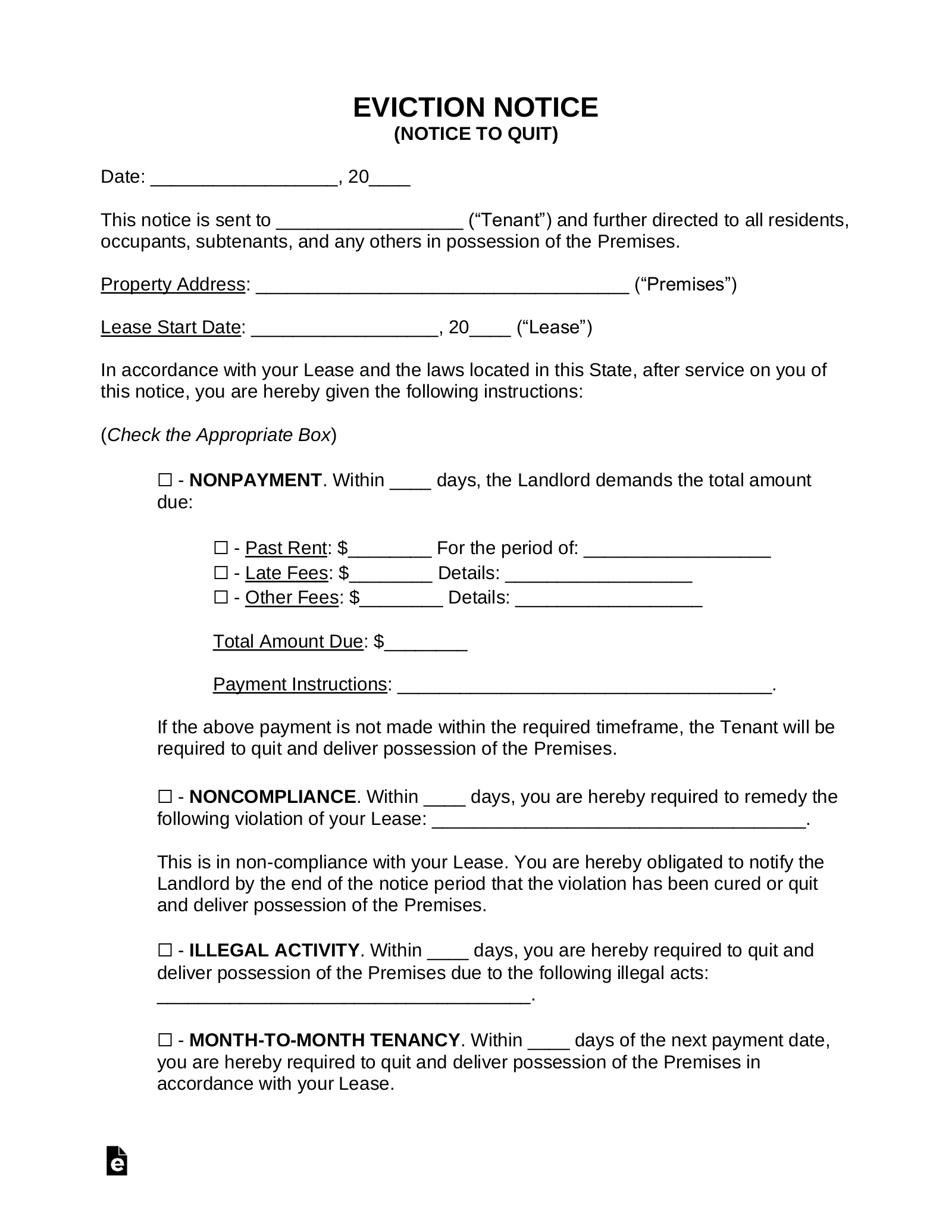 Free Eviction Notice Templates (4) - Pdf | Word – Eforms regarding Free Printable Blank Eviction Notice