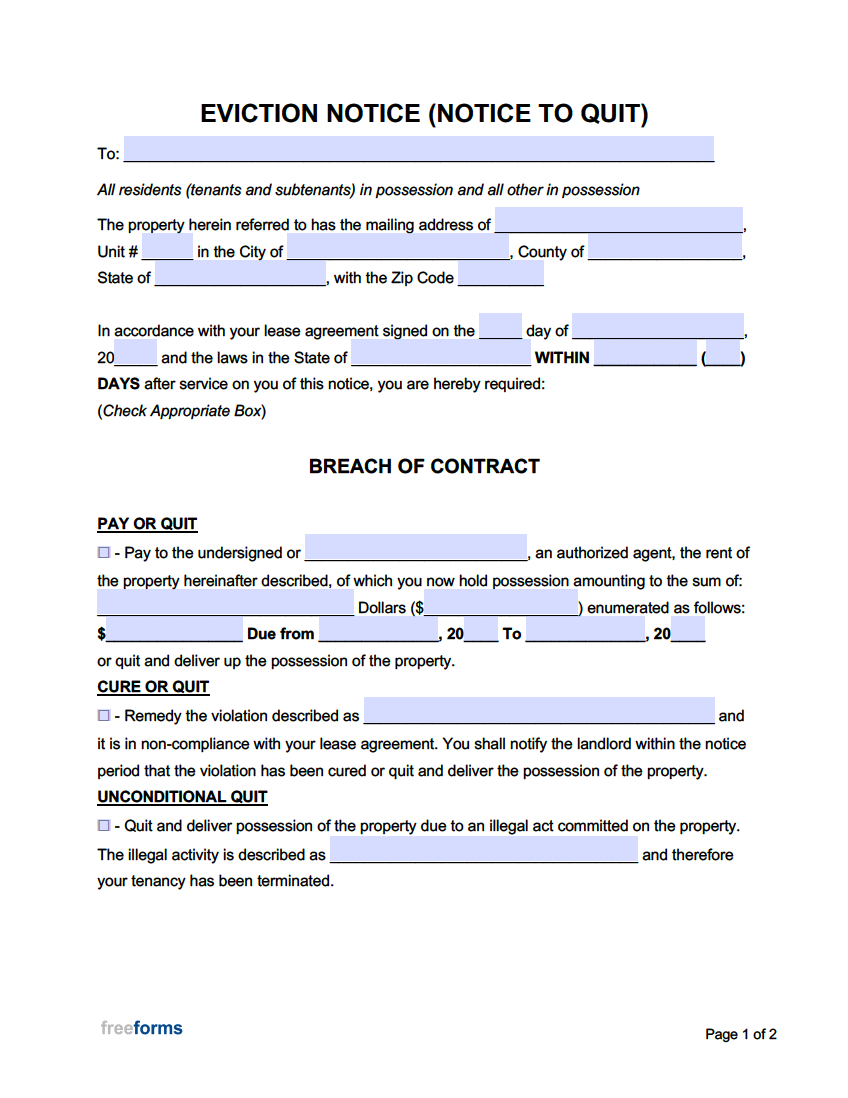 Free Eviction Notice Templates | Pdf | Word with regard to Free Printable Blank Eviction Notice