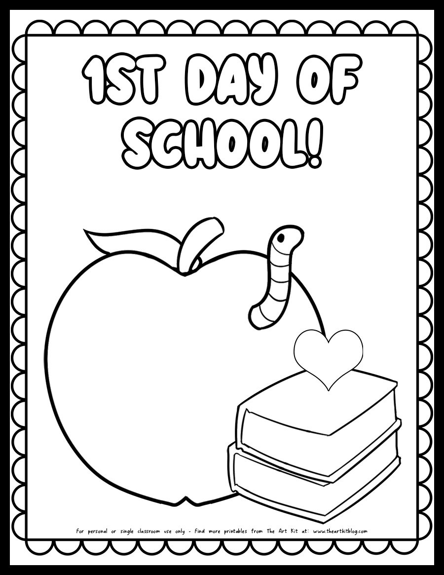 Free First Day Of School Coloring Page – Apple, Worm, And Books inside Free Printable First Day Of School Coloring Pages