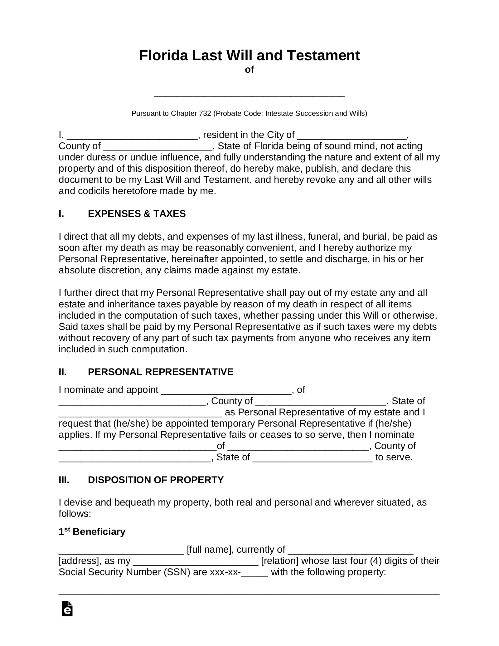 Free Florida Last Will And Testament Template - Pdf | Word – Eforms intended for Free Printable Living Will Forms Florida