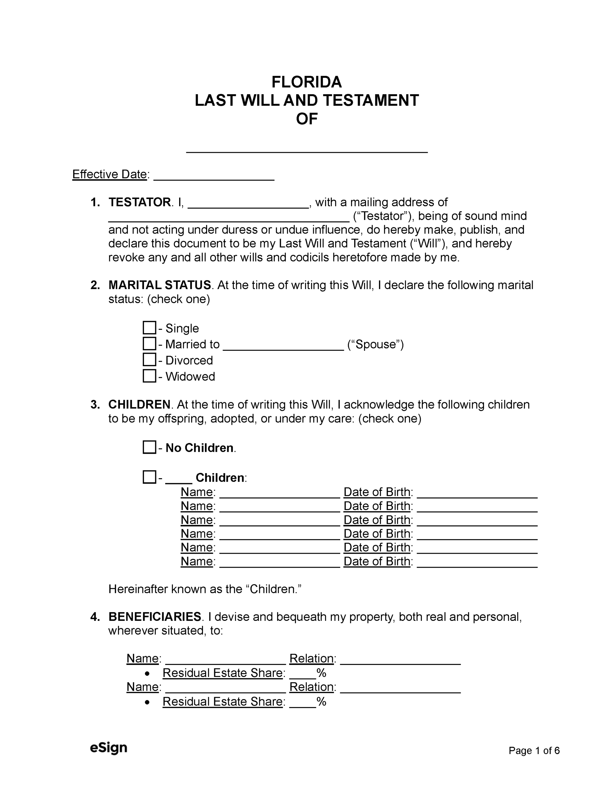 Free Florida Last Will And Testament Template | Pdf | Word regarding Free Printable Florida Last Will And Testament Form