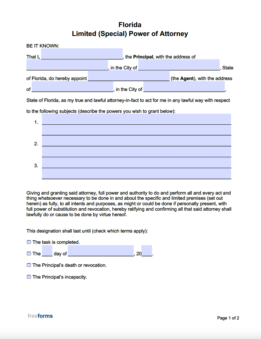 Free Florida Limited (Special) Power Of Attorney Form | Pdf | Word for Free Printable Power Of Attorney Form Florida