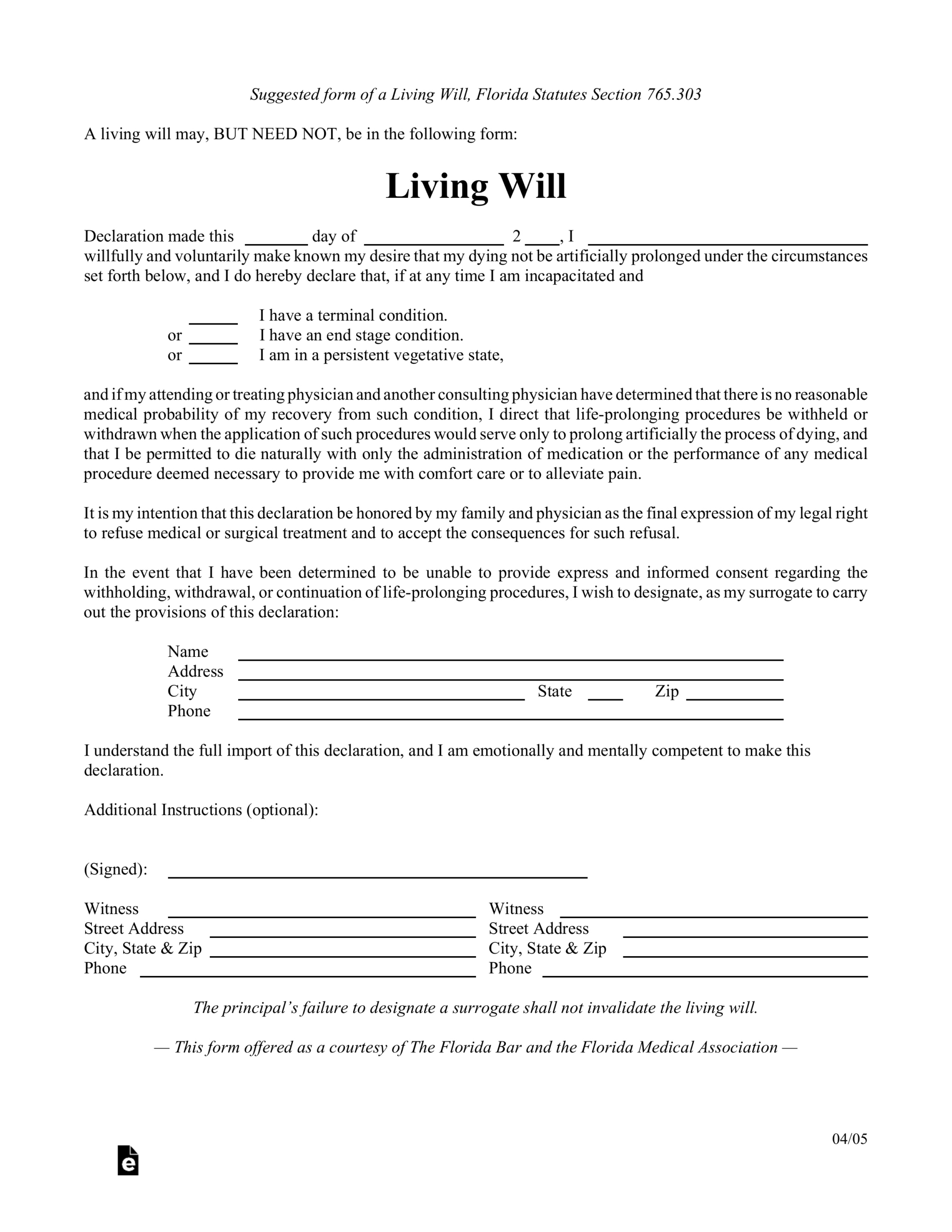 Free Florida Living Will Form Template - Pdf – Eforms within Free Printable Living Will Forms Florida