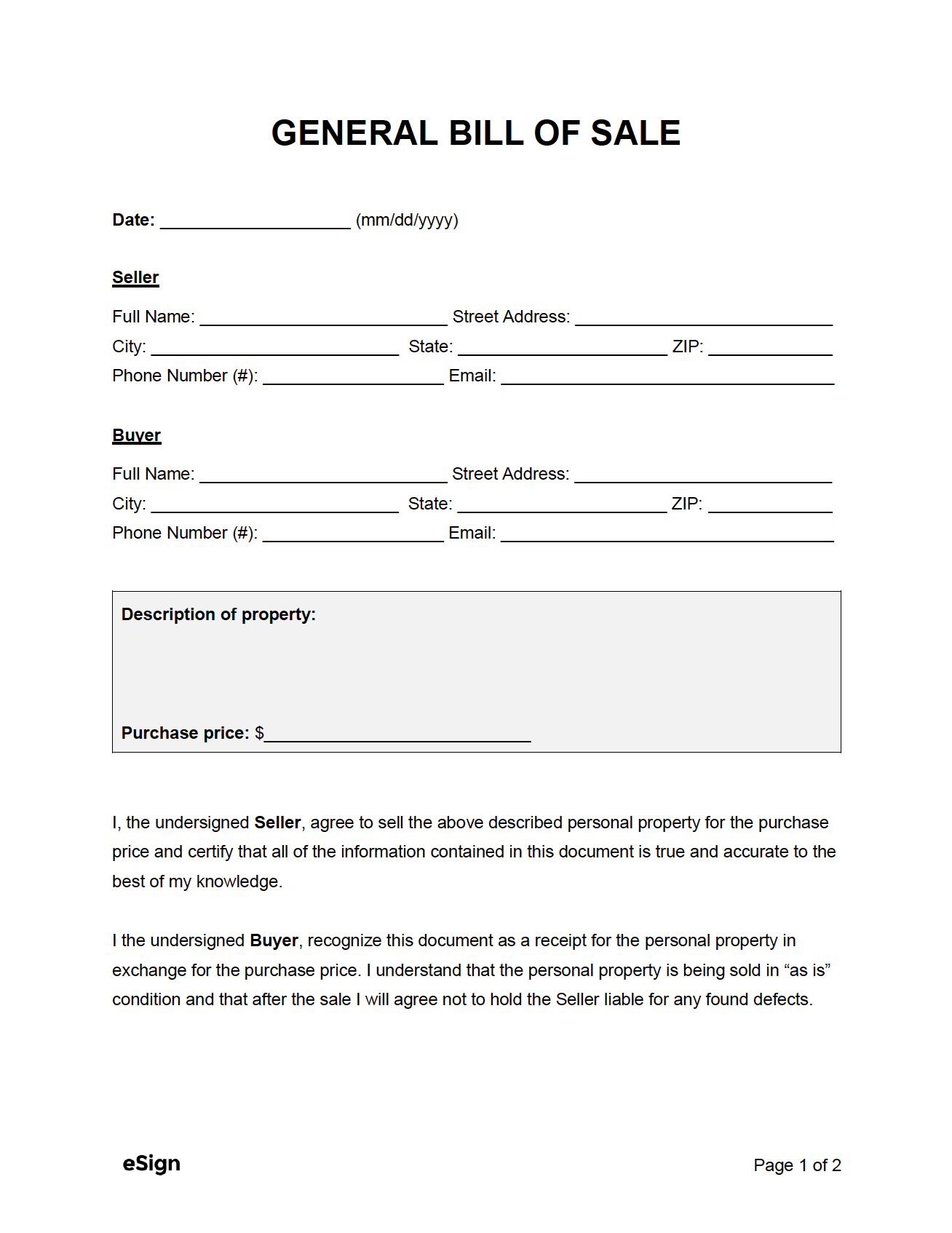 Free General Bill Of Sale Form | Pdf | Word inside Free Printable Bill Of Sale Form
