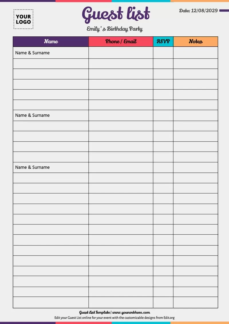 Free Guest List Templates To Customize regarding Free Printable Birthday Guest List
