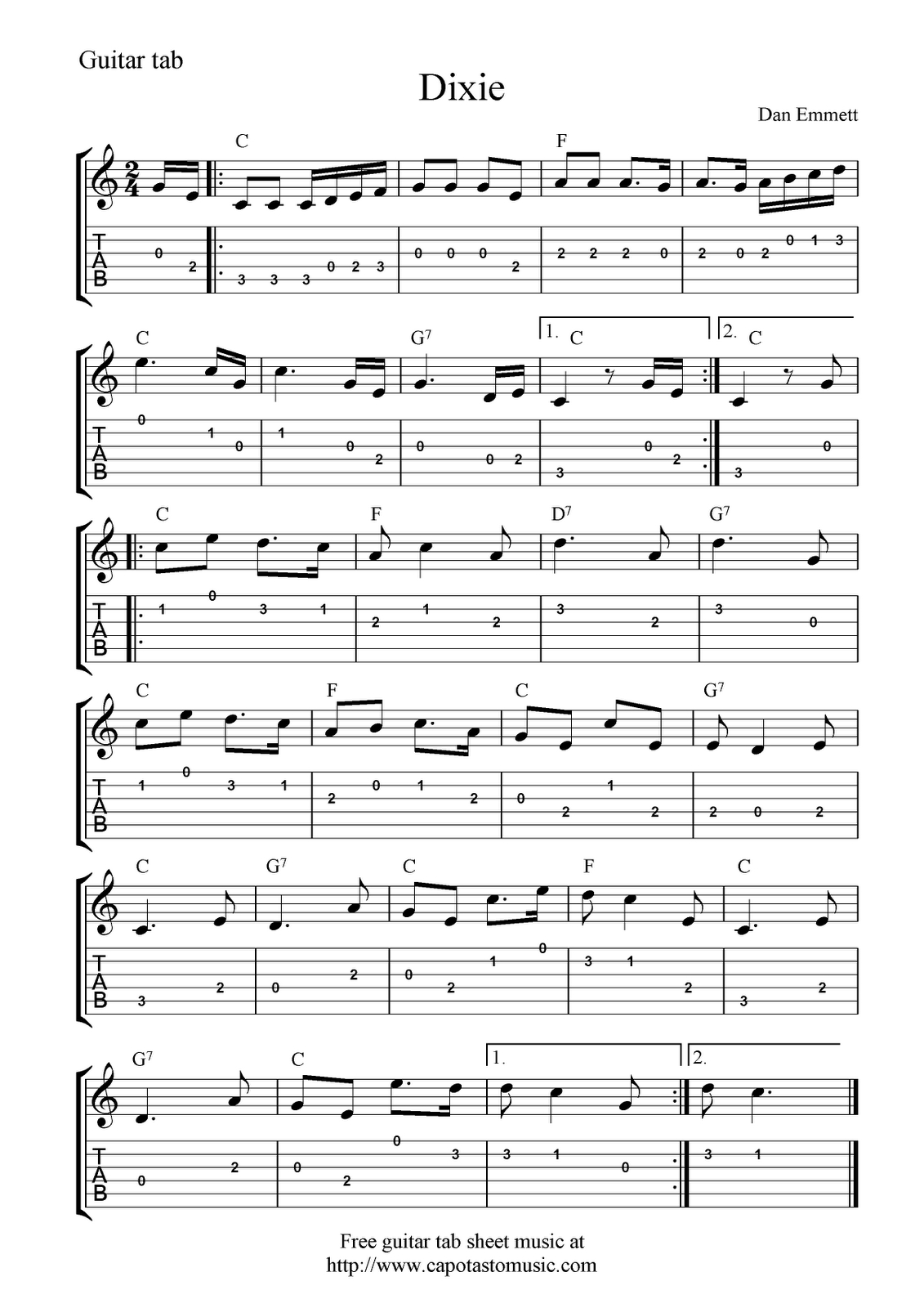 Free Guitar Tab Sheet Music, Dixie - Worksheets Library in Free Printable Guitar Music