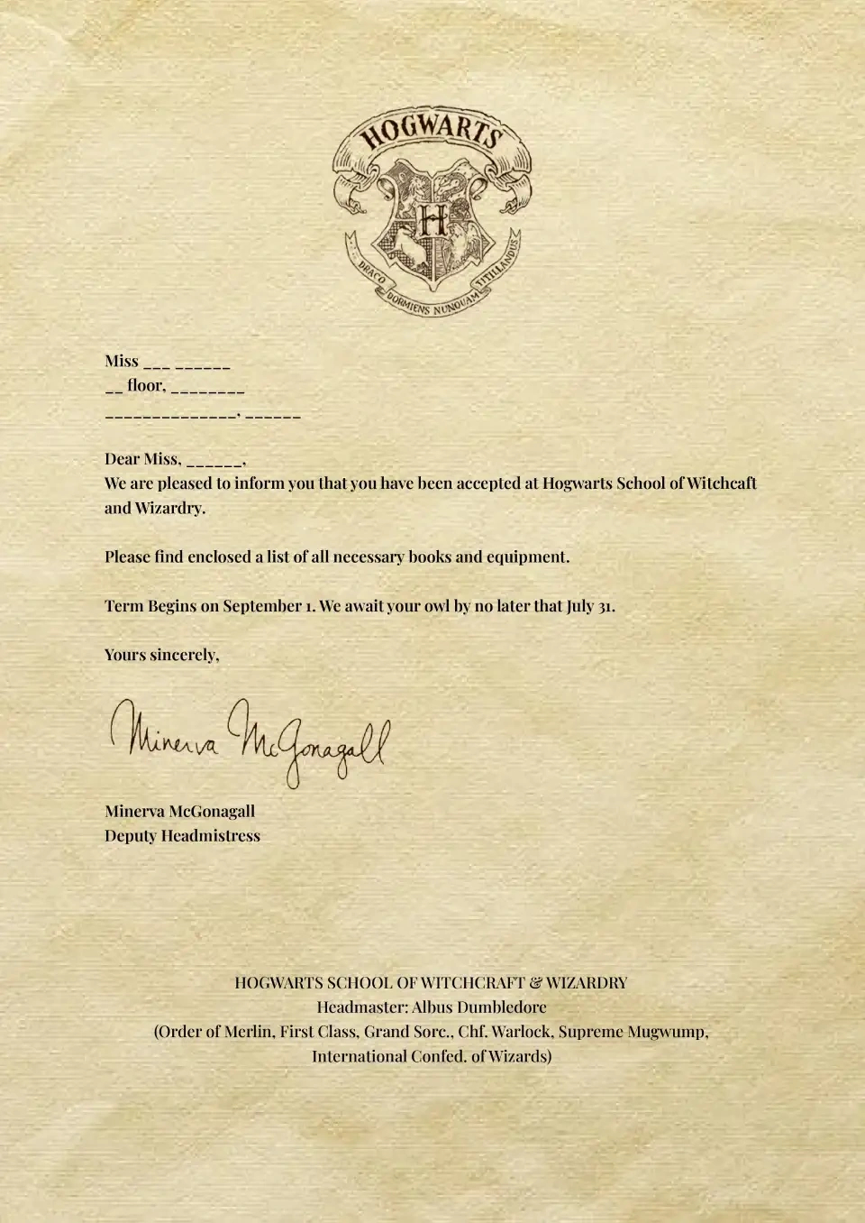 Free Hogwarts Invitation Template For Google Docs intended for Hogwarts Acceptance Letter Template Free Printable