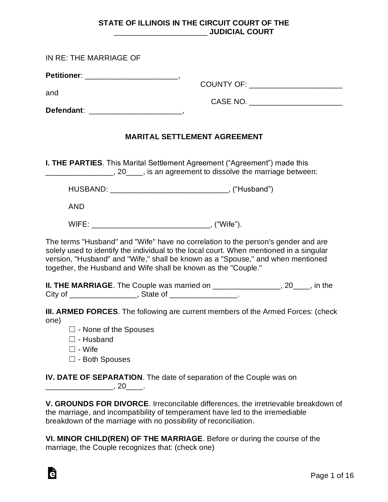 Free Illinois Marital Settlement (Divorce) Agreement - Pdf | Word inside Free Printable Divorce Papers For Illinois