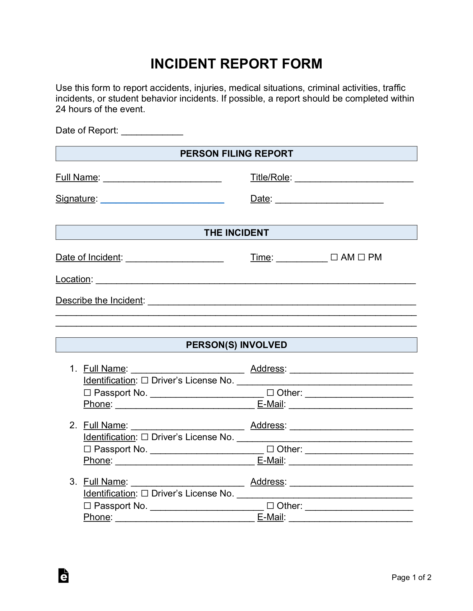 Free Incident Report Templates (18) | Sample - Pdf | Word – Eforms pertaining to Free Printable Incident Report Form