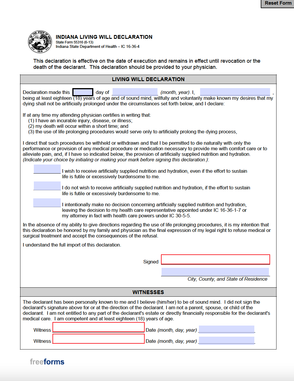 Free Indiana Living Will Form | Pdf | Word - Worksheets Library inside Form W 4 2013 Free Printable