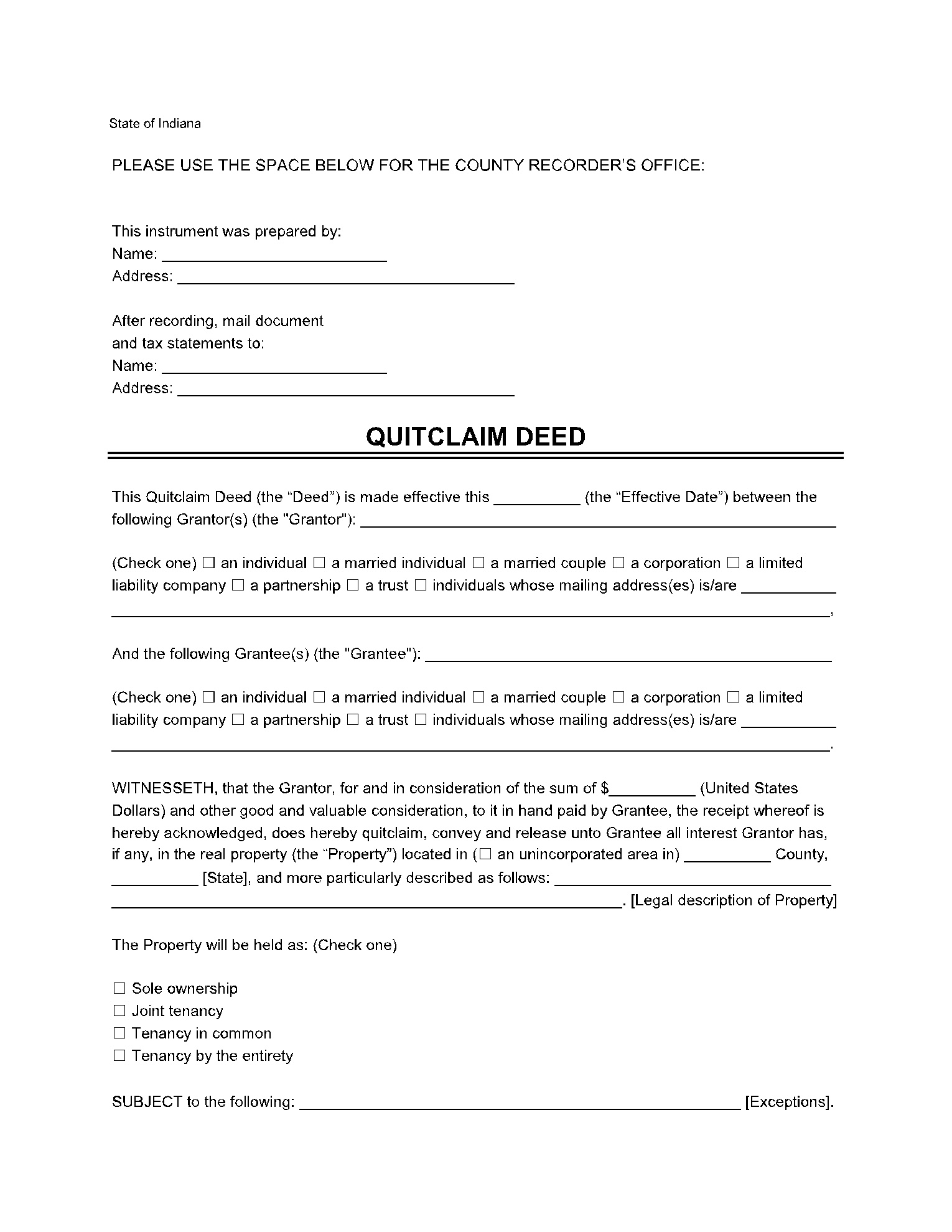 Free Indiana Quit Claim Deed Form (2021 Updated) | Cocosign for Free Printable Quit Claim Deed Form Indiana
