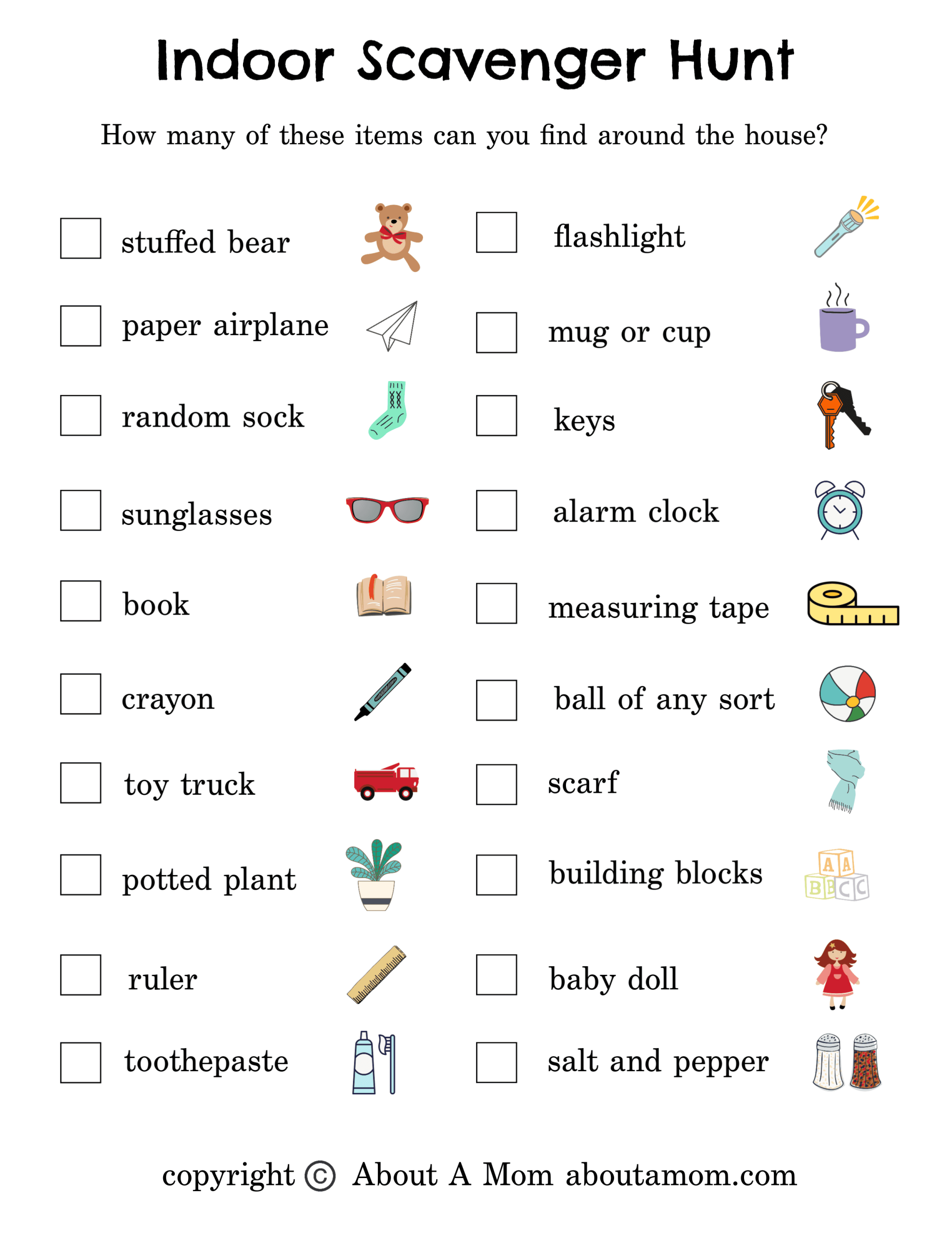 Free Indoor Scavenger Hunt Printable - About A Mom for Free Printable Scavenger Hunt For Kids