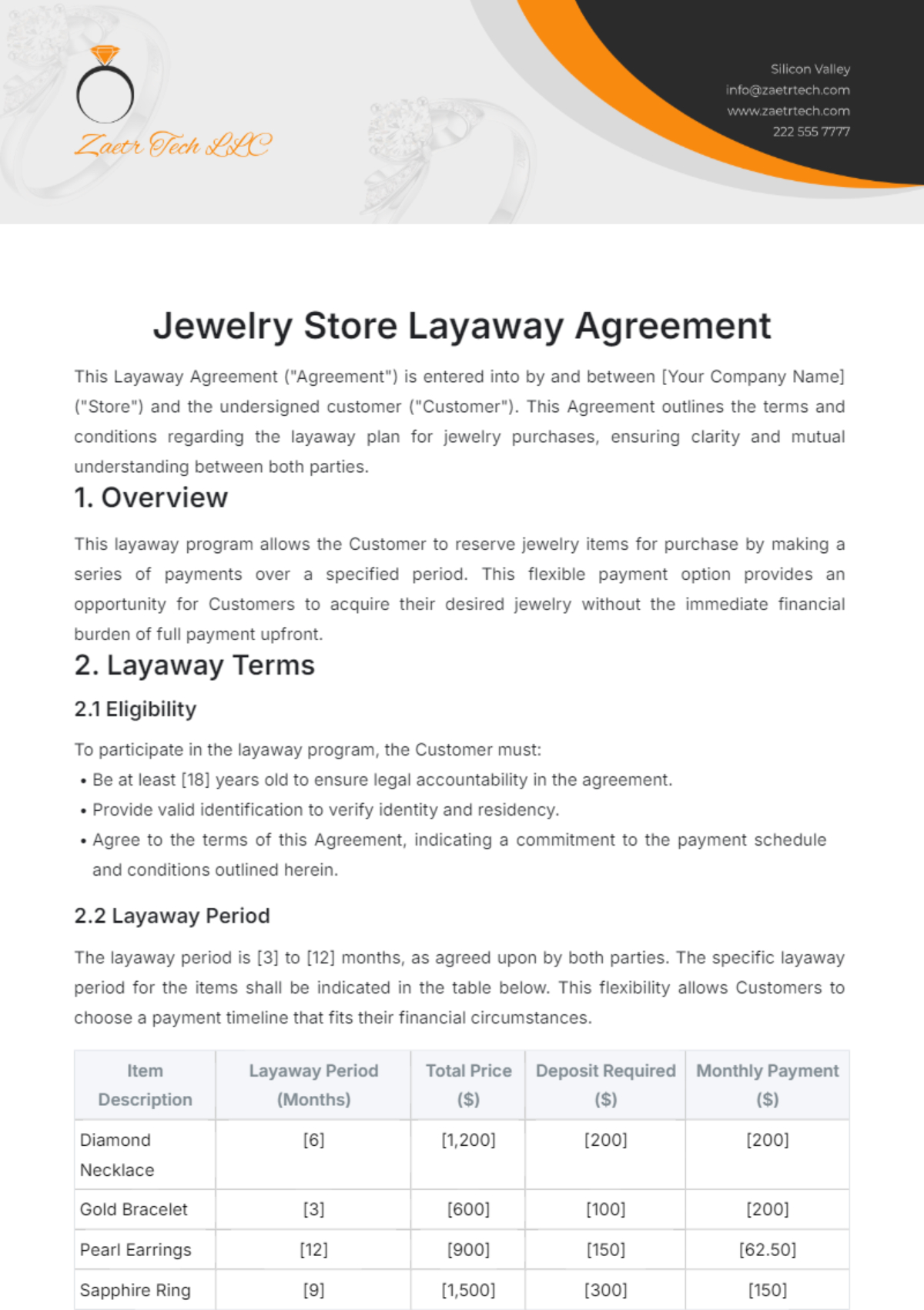 Free Jewelry Store Layaway Agreement Template To Edit Online regarding Free Printable Layaway Forms
