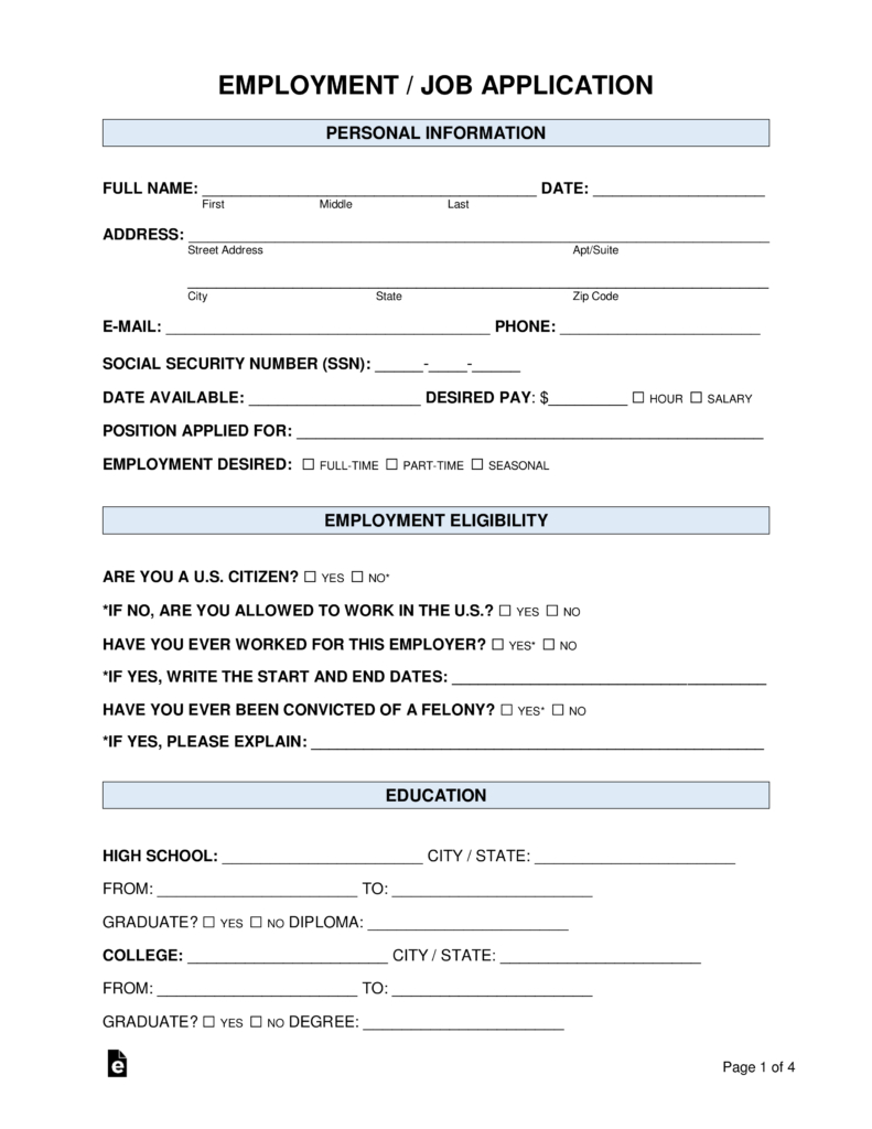 Free Job Application Forms (2) - Pdf | Word – Eforms in Free Printable Application For Employment Template