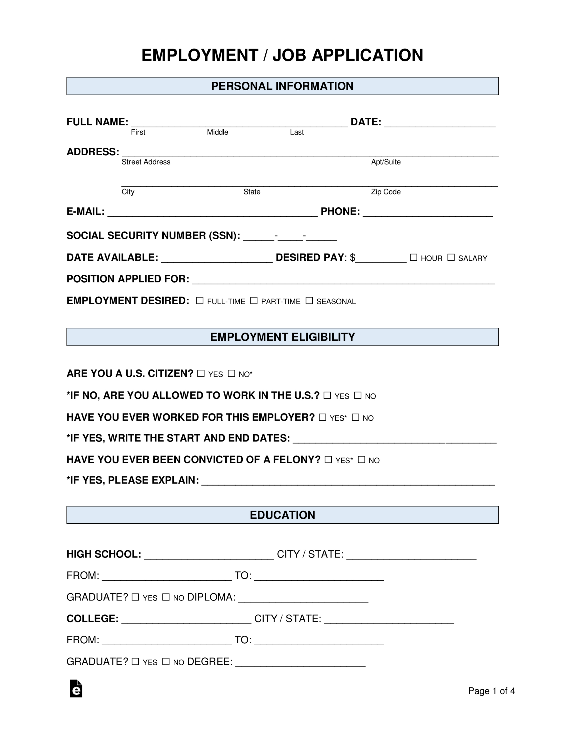 Free Job Application Forms (2) - Pdf | Word – Eforms in Free Printable Job Application