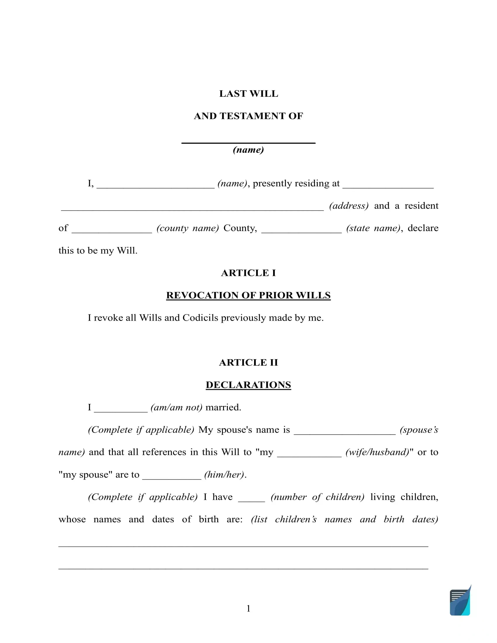 Free Last Will And Testament Template ⇒ Will Forms In Pdf And Doc intended for Free Printable Blank Last Will And Testament