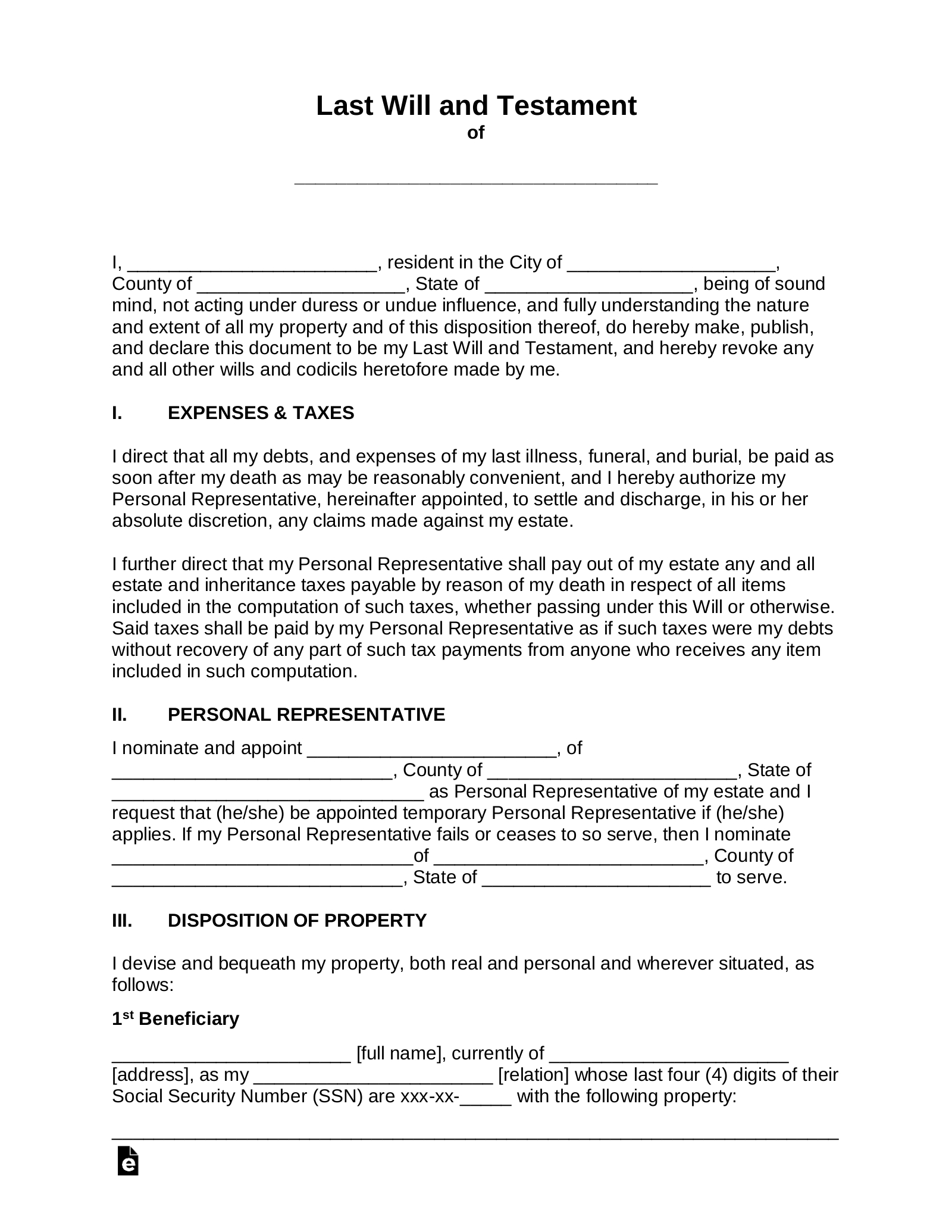 Free Last Will And Testament (Will) - Pdf | Word – Eforms pertaining to Free Online Printable Living Wills