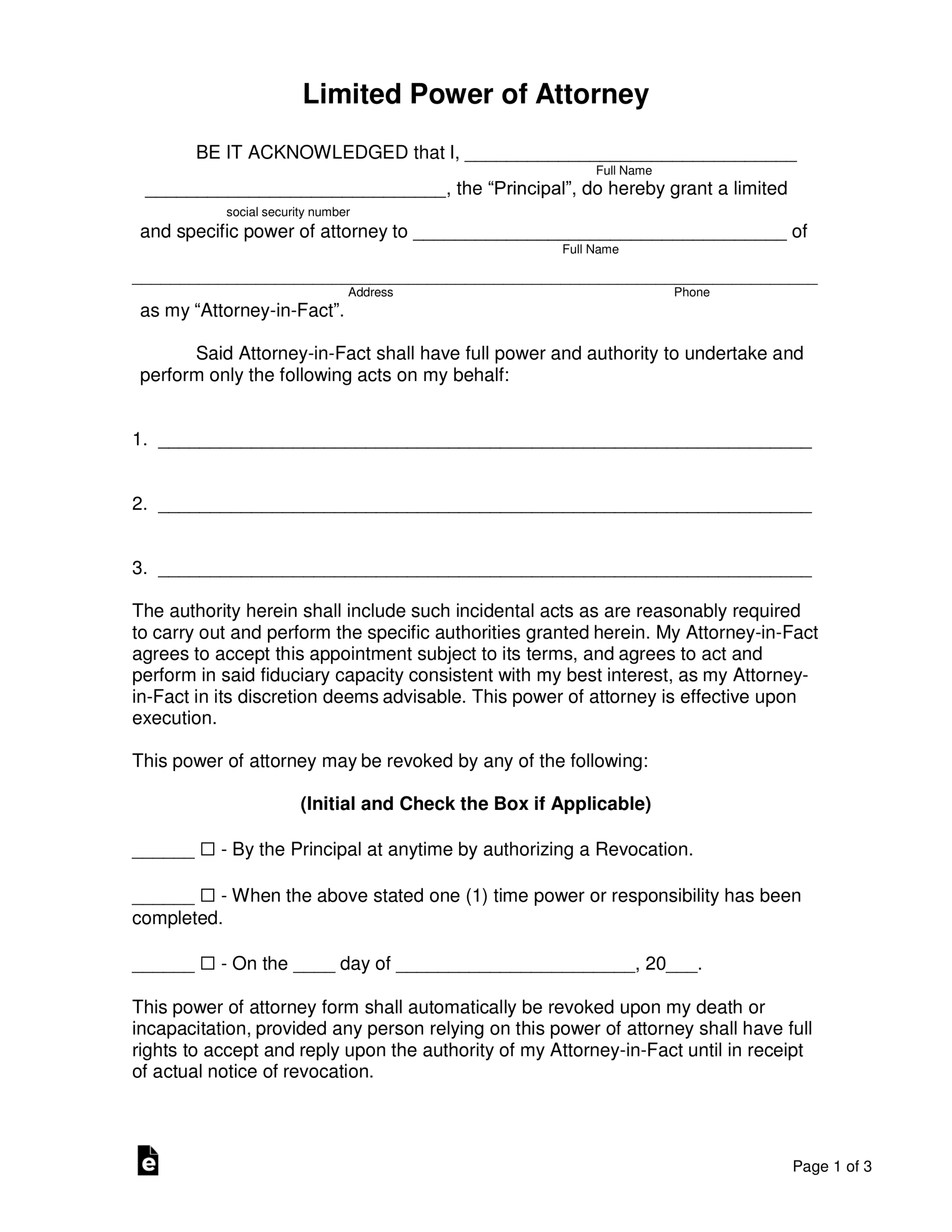 Free Limited (Special) Power Of Attorney Form - Pdf | Word – Eforms in Free Printable Power Of Attorney