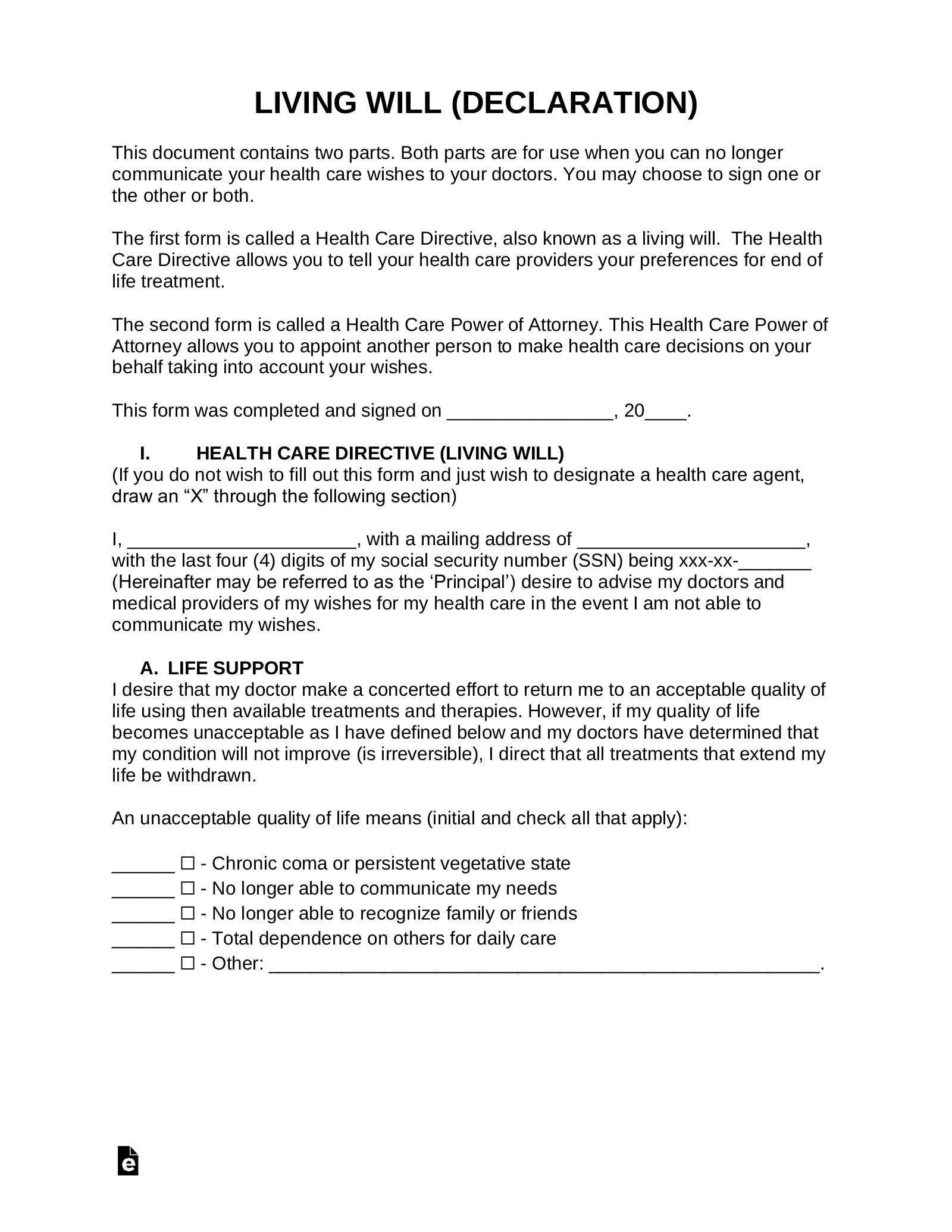 Free Living Will Form (Health Care Directive) - Pdf | Word – Eforms with Free Printable Advance Directive Form