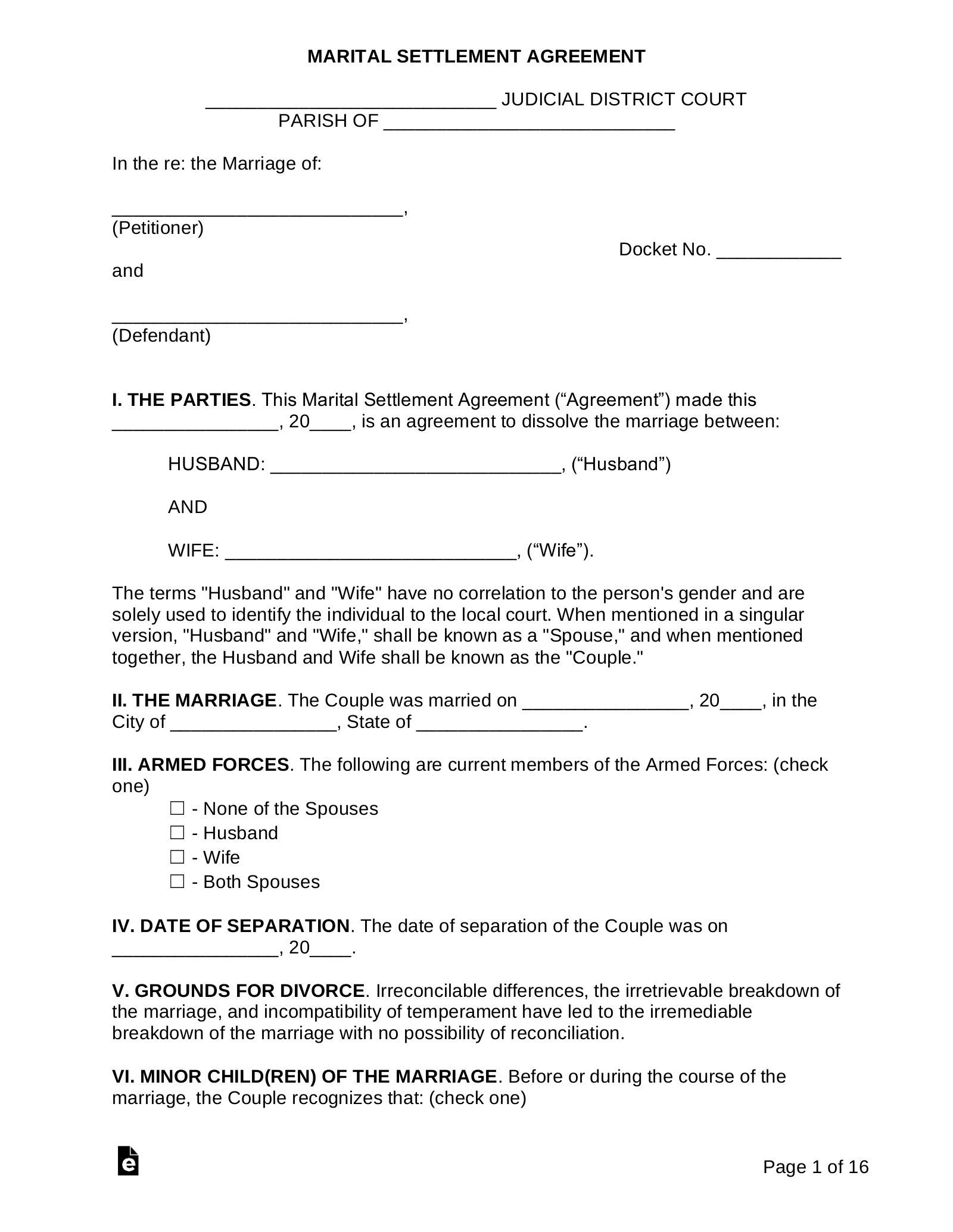 Free Louisiana Marital Settlement (Divorce) Agreement - Pdf | Word with Free Printable Divorce Papers For Louisiana