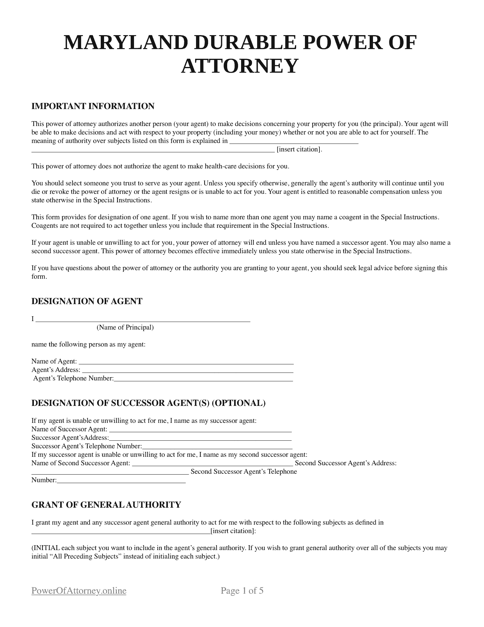 Free Maryland (Md) Power Of Attorney Forms &amp;amp; Templates | Pdf in Maryland Power Of Attorney Form Free Printable
