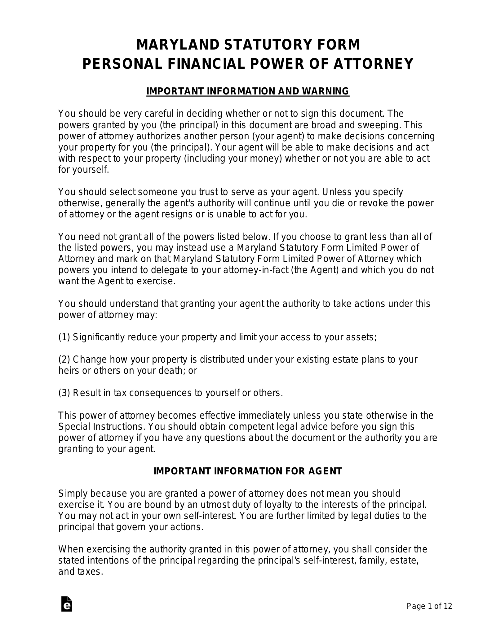 Free Maryland Power Of Attorney Forms (9 Types) - Pdf | Word – Eforms with regard to Maryland Power Of Attorney Form Free Printable