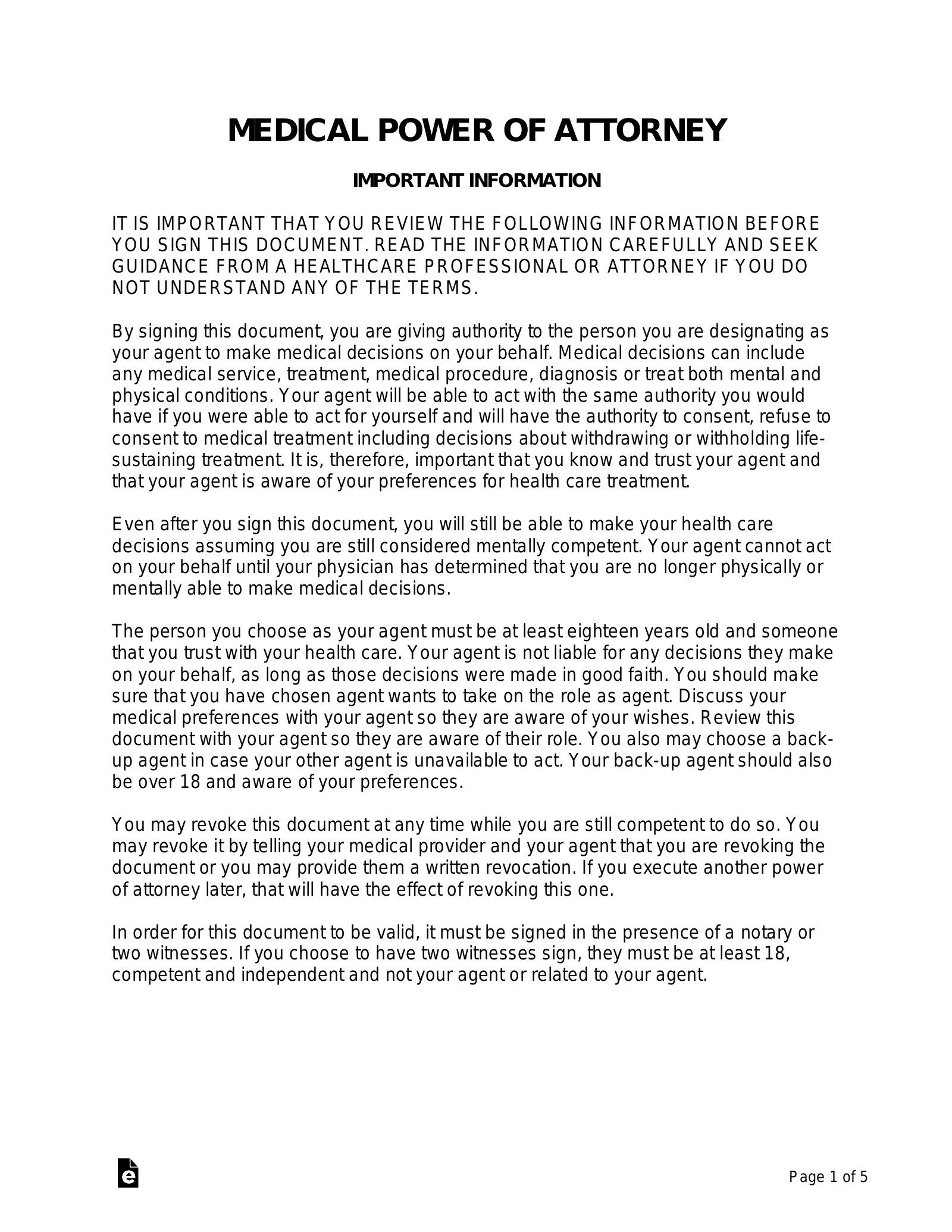 Free Medical Power Of Attorney (Mpoa) Form - Pdf | Word – Eforms for Free Printable Medical Power Of Attorney