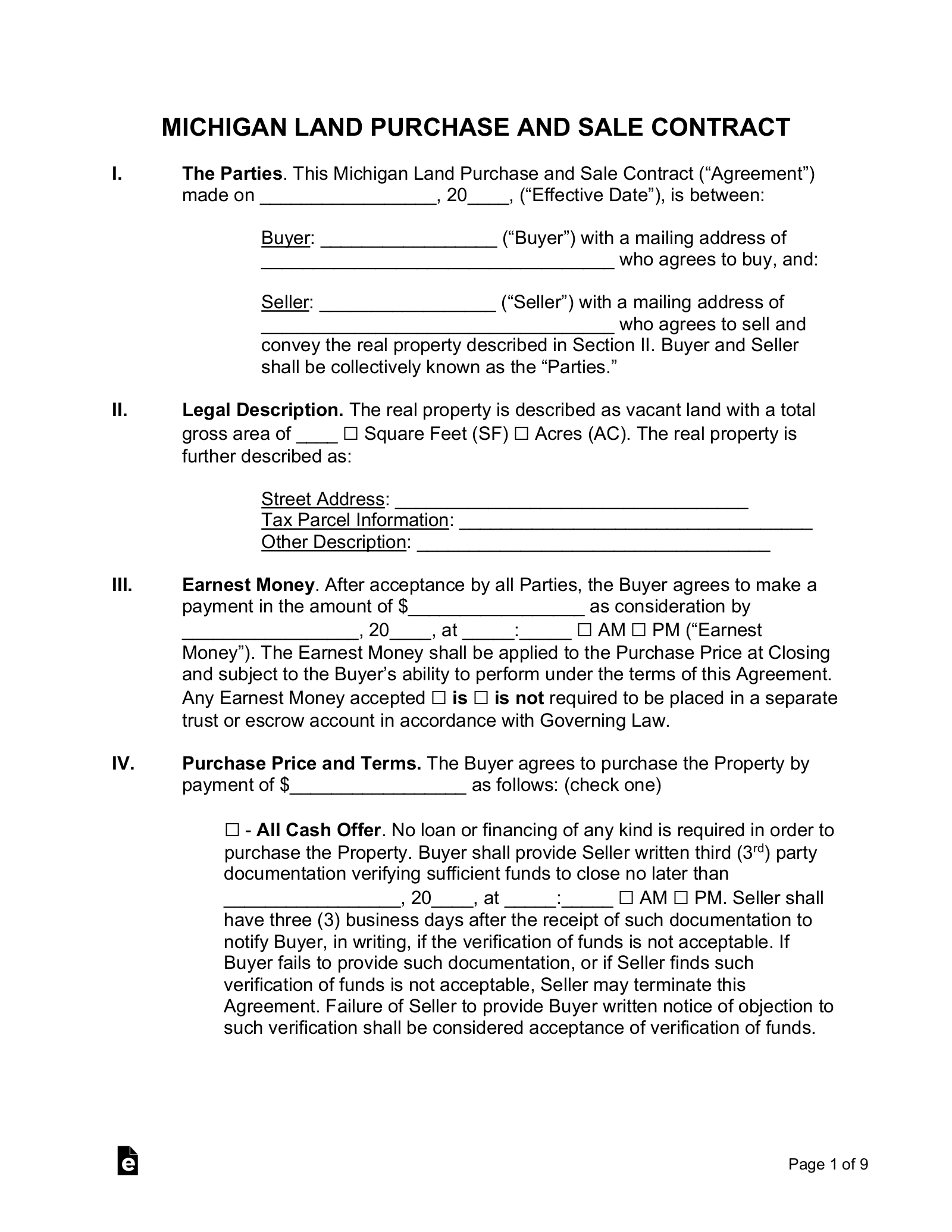 Free Michigan Land Contract Template - Pdf | Word – Eforms throughout Free Printable Land Contract Forms
