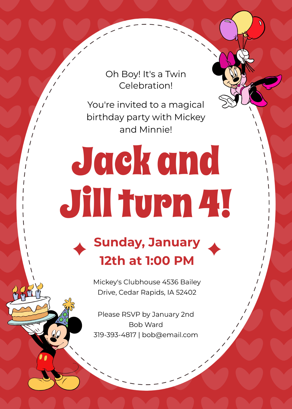 Free Mickey Minnie Twins Birthday Invitation Template To Edit Online with regard to Free Printable Mickey And Minnie Mouse Invitations