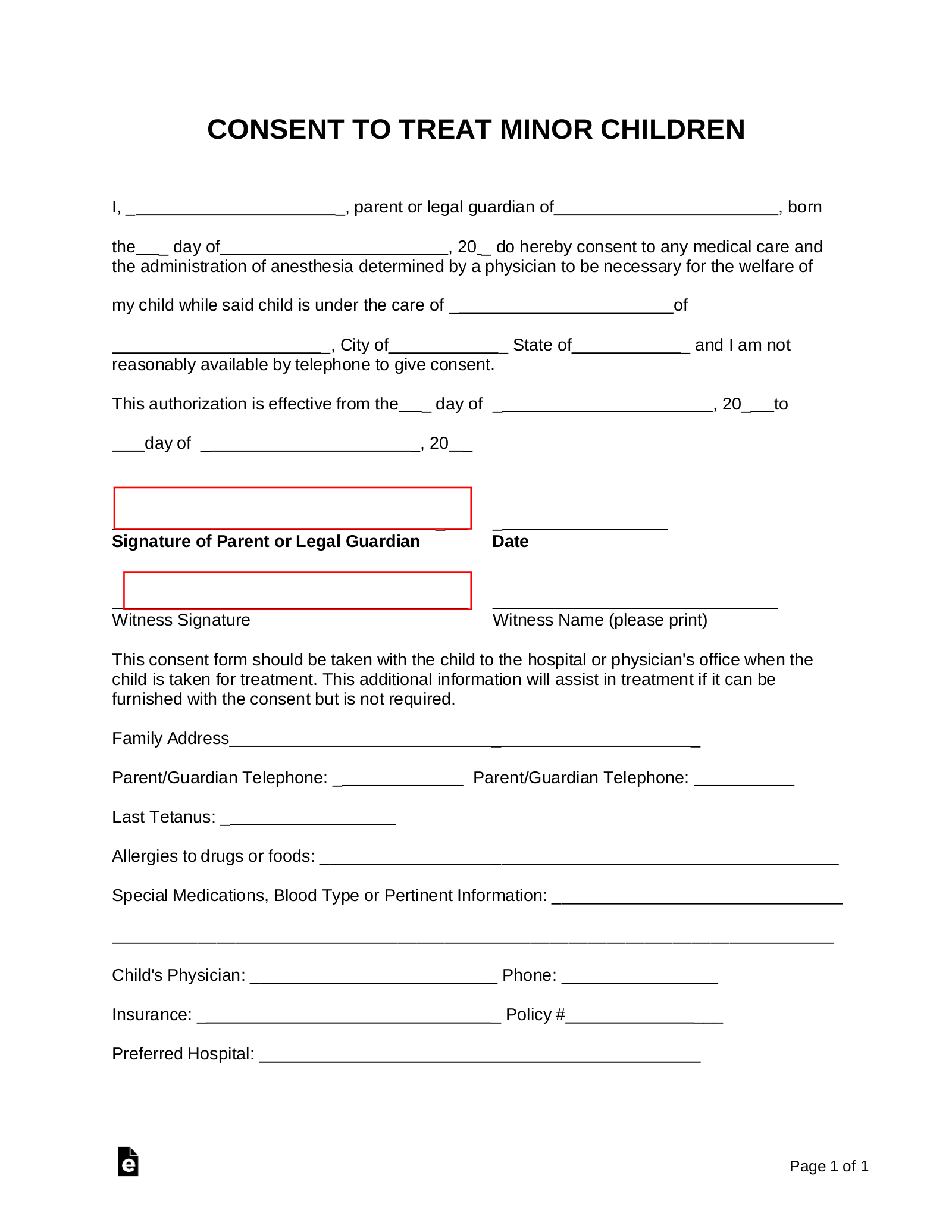 Free Minor (Child) Medical Consent Form - Pdf | Word – Eforms intended for Free Printable Child Medical Consent Form