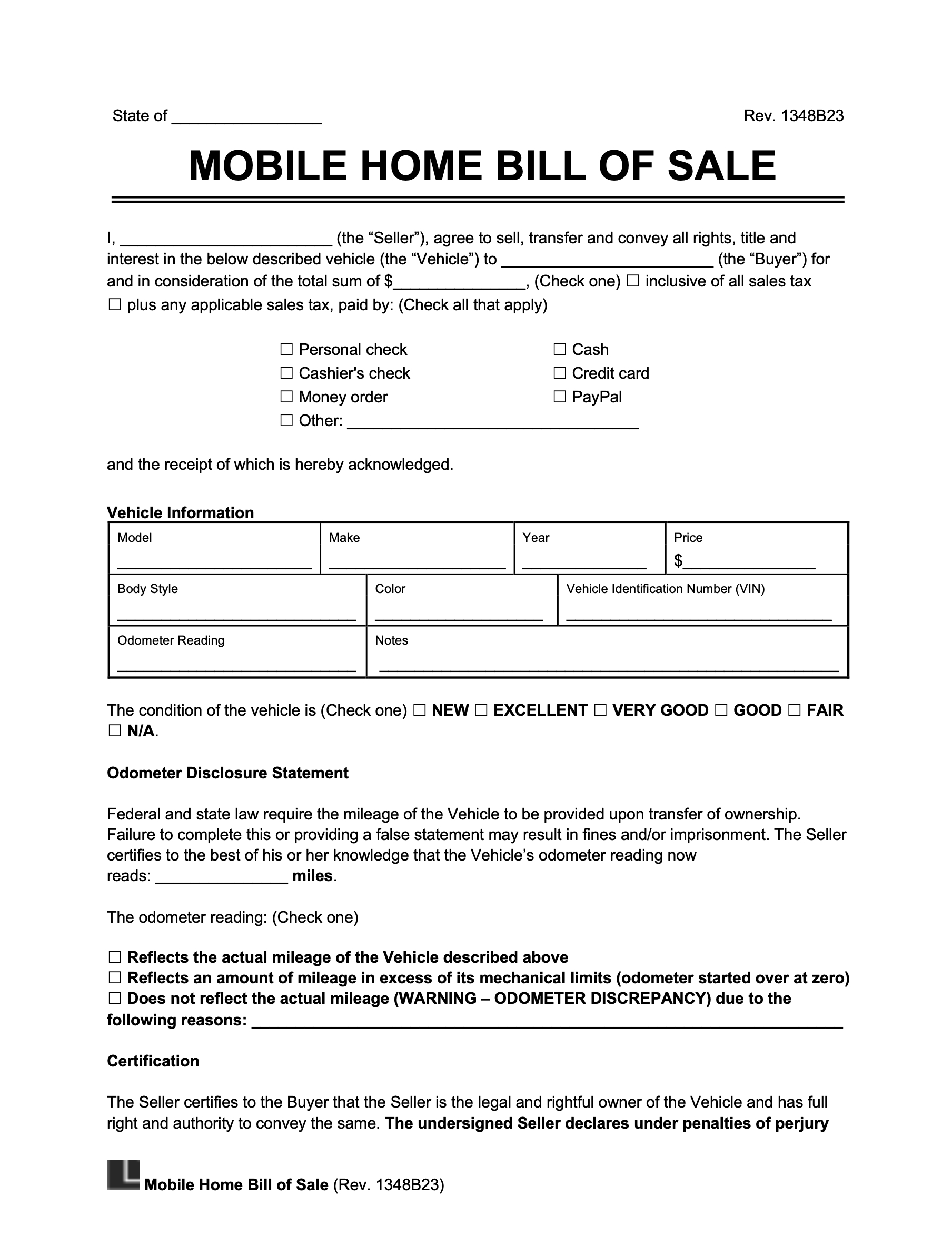 Free Mobile (Manufactured) Home Bill Of Sale Form | Legal Templates in Free Printable Bill Of Sale For Mobile Home