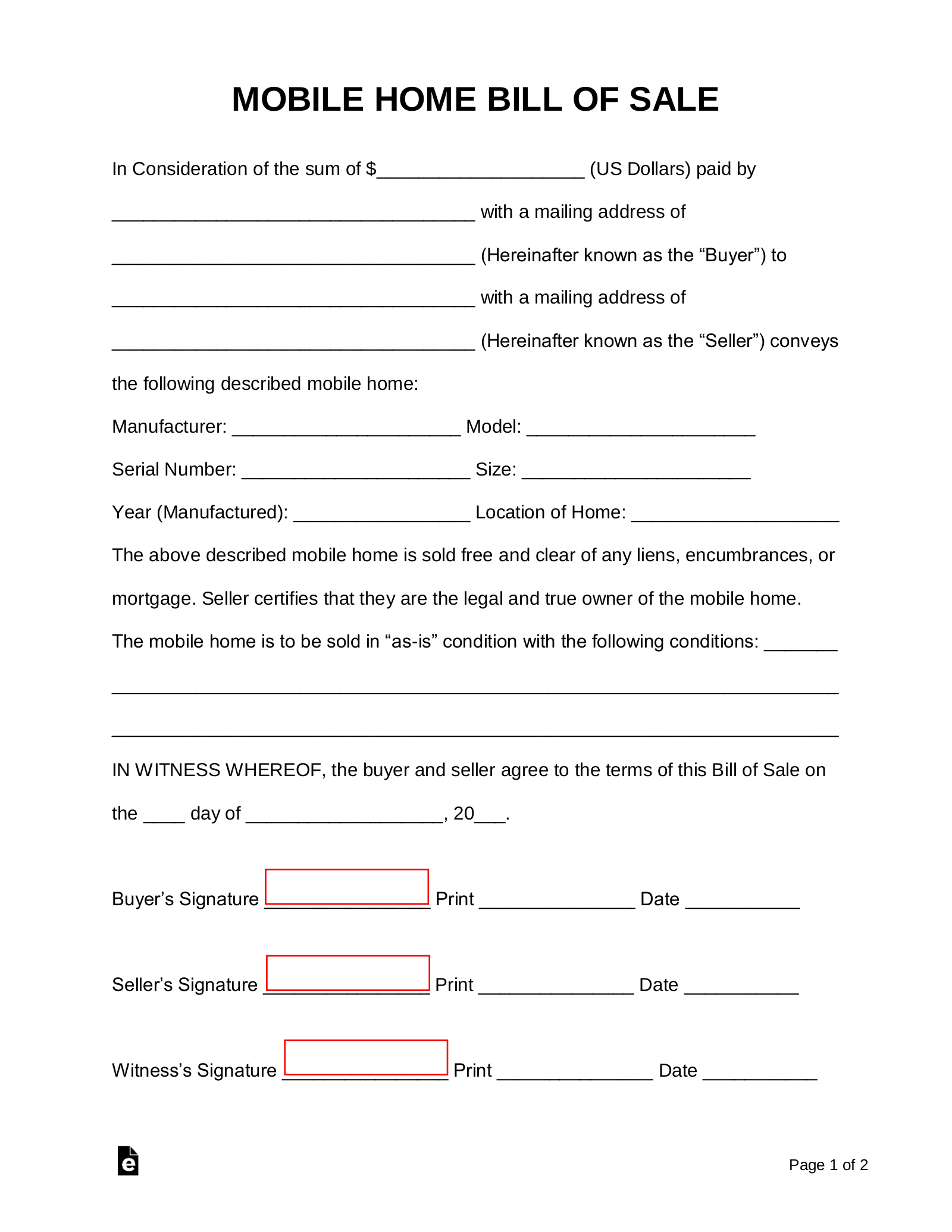 Free Mobile (Manufactured) Home Bill Of Sale Form - Pdf | Word in Free Printable Bill Of Sale For Mobile Home