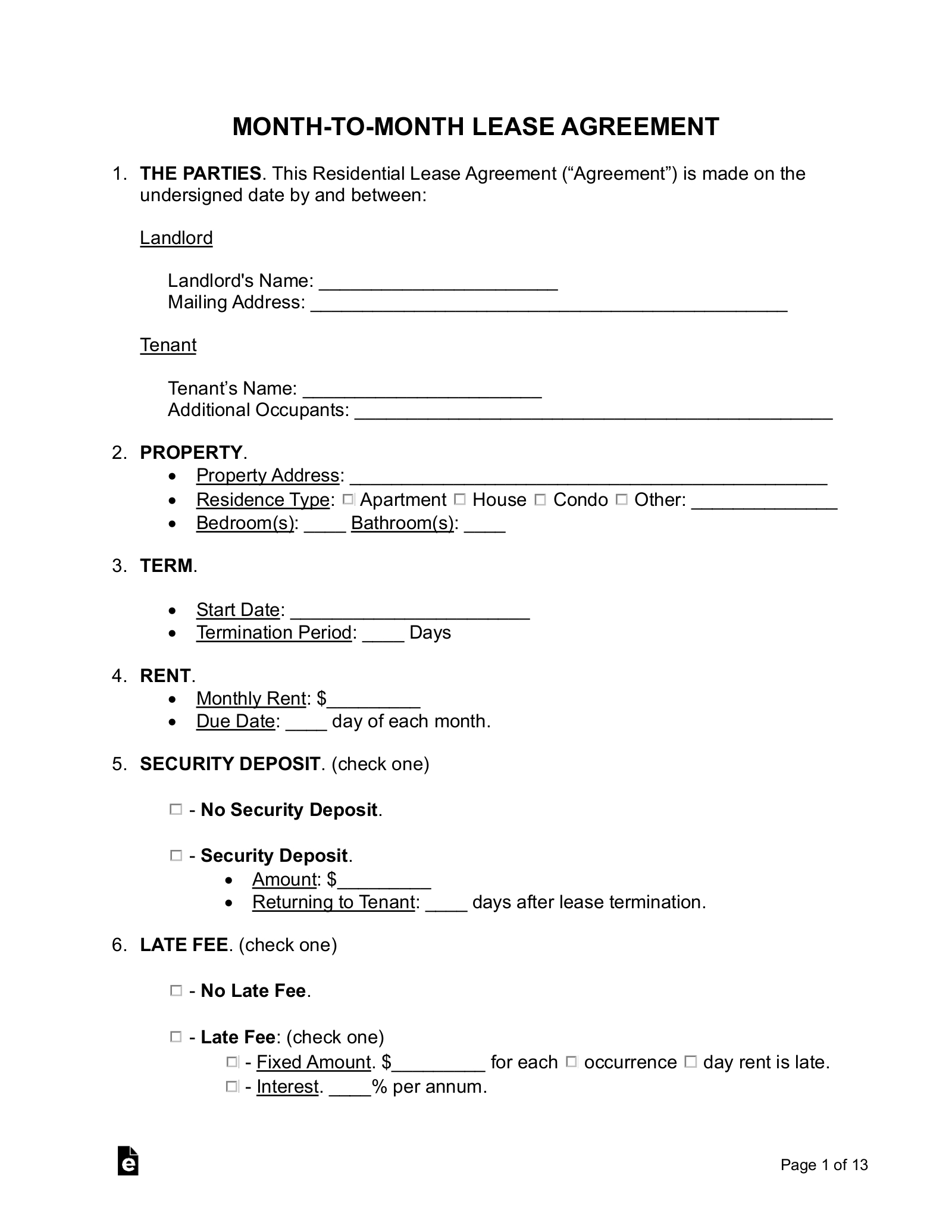 Free Month-To-Month Lease Agreement Template - Pdf | Word – Eforms pertaining to Blank Lease Agreement Free Printable
