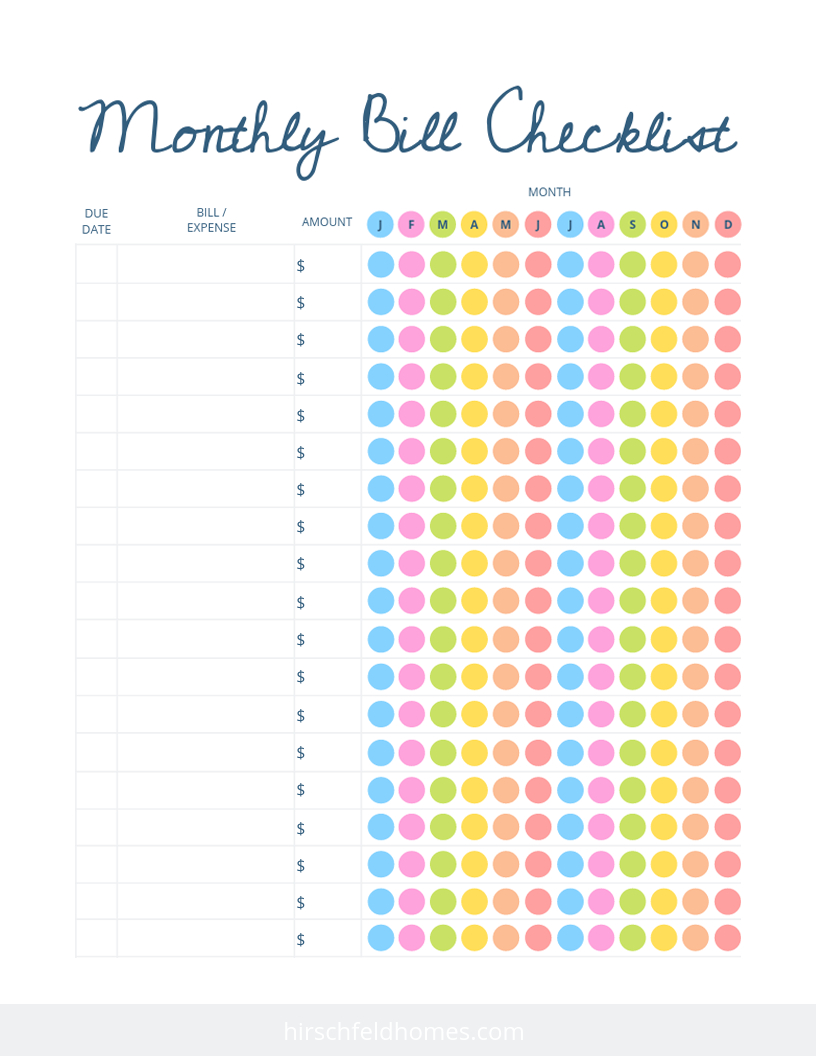 Free Monthly Bill Checklist | Hirschfeld for Free Printable Monthly Bill Checklist
