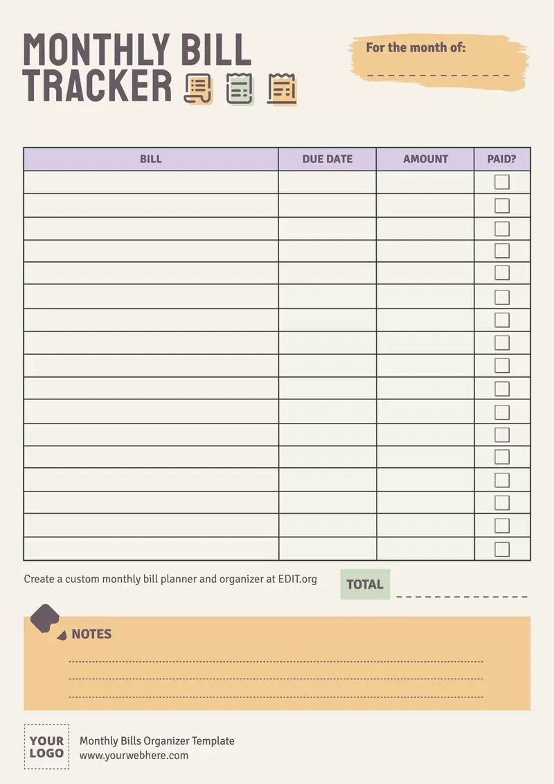 Free Monthly Bills Organizer Templates pertaining to Free Printable Bill Organizer