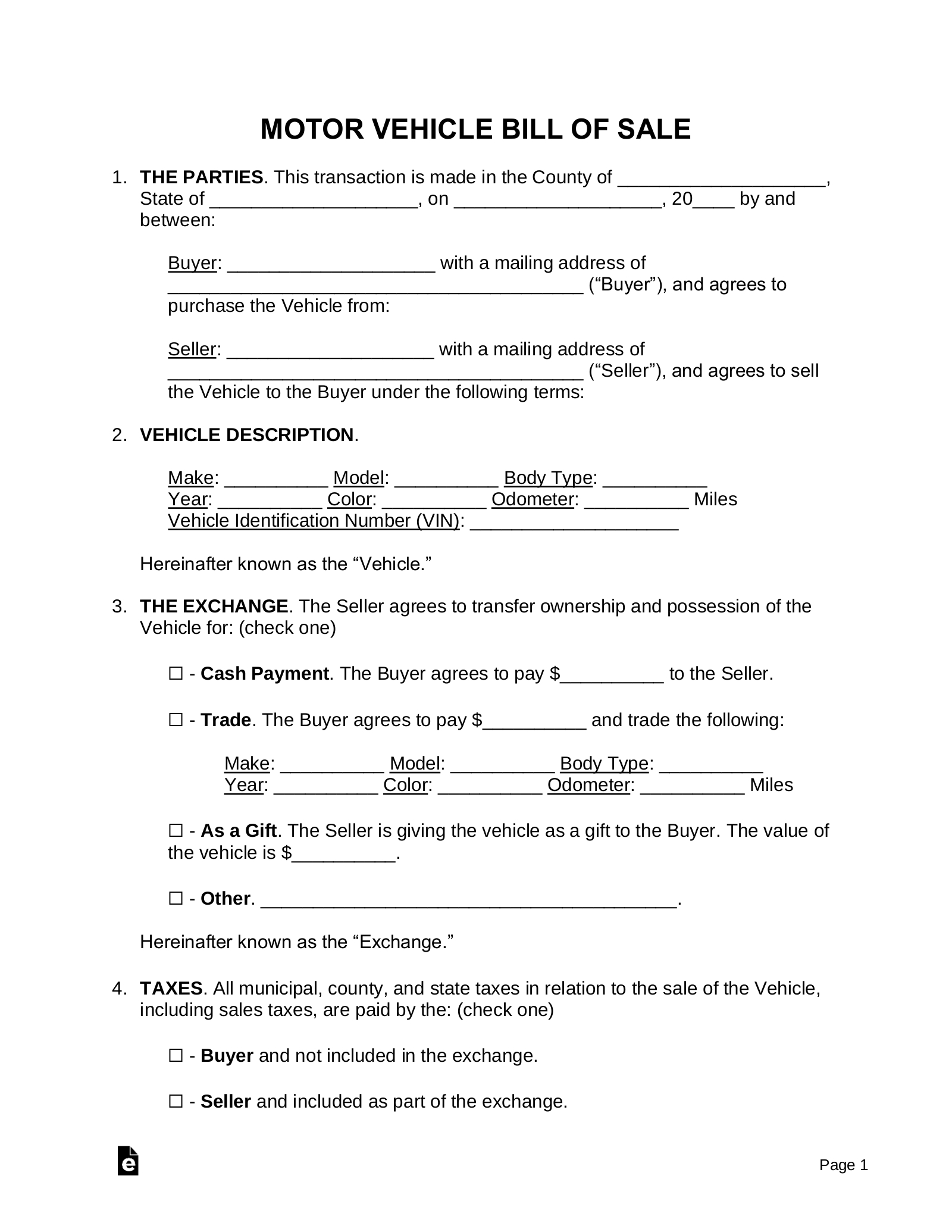 Free Motor Vehicle (Dmv) Bill Of Sale Form - Pdf | Word – Eforms for Free Printable Blank Auto Bill Of Sale