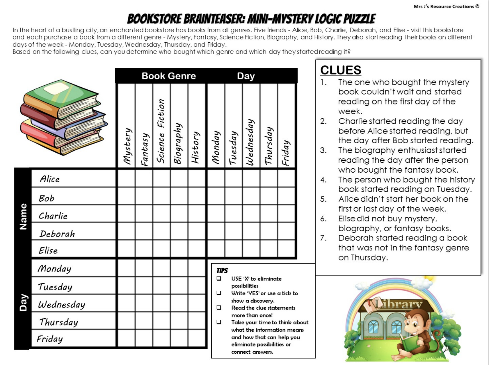 Free Mystery Logic Puzzle For Book Week - Top-Rated Teaching throughout Free Printable Logic Puzzles
