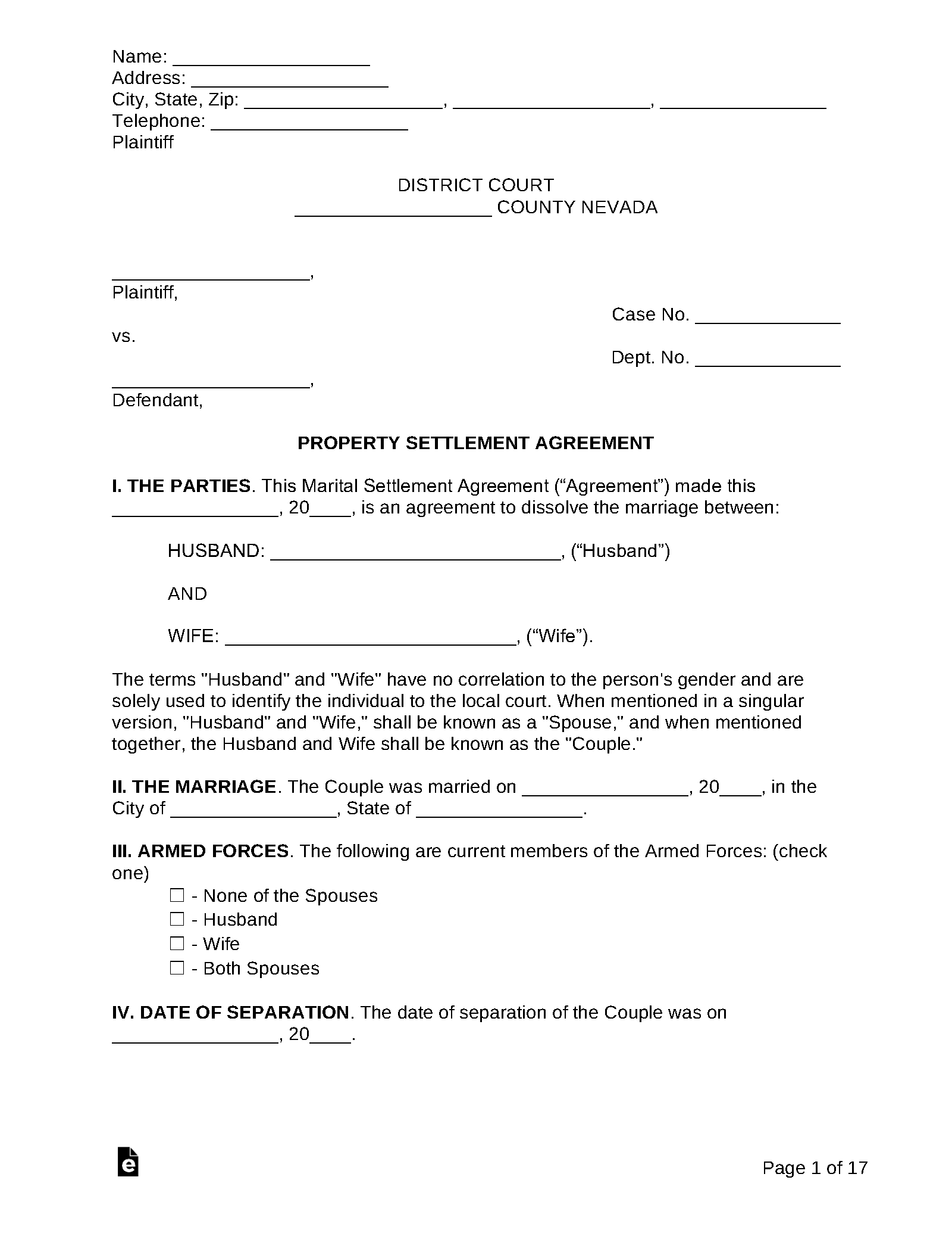 Free Nevada Custody (Parenting) Plan - Pdf | Word – Eforms in Free Printable Divorce Papers Nevada