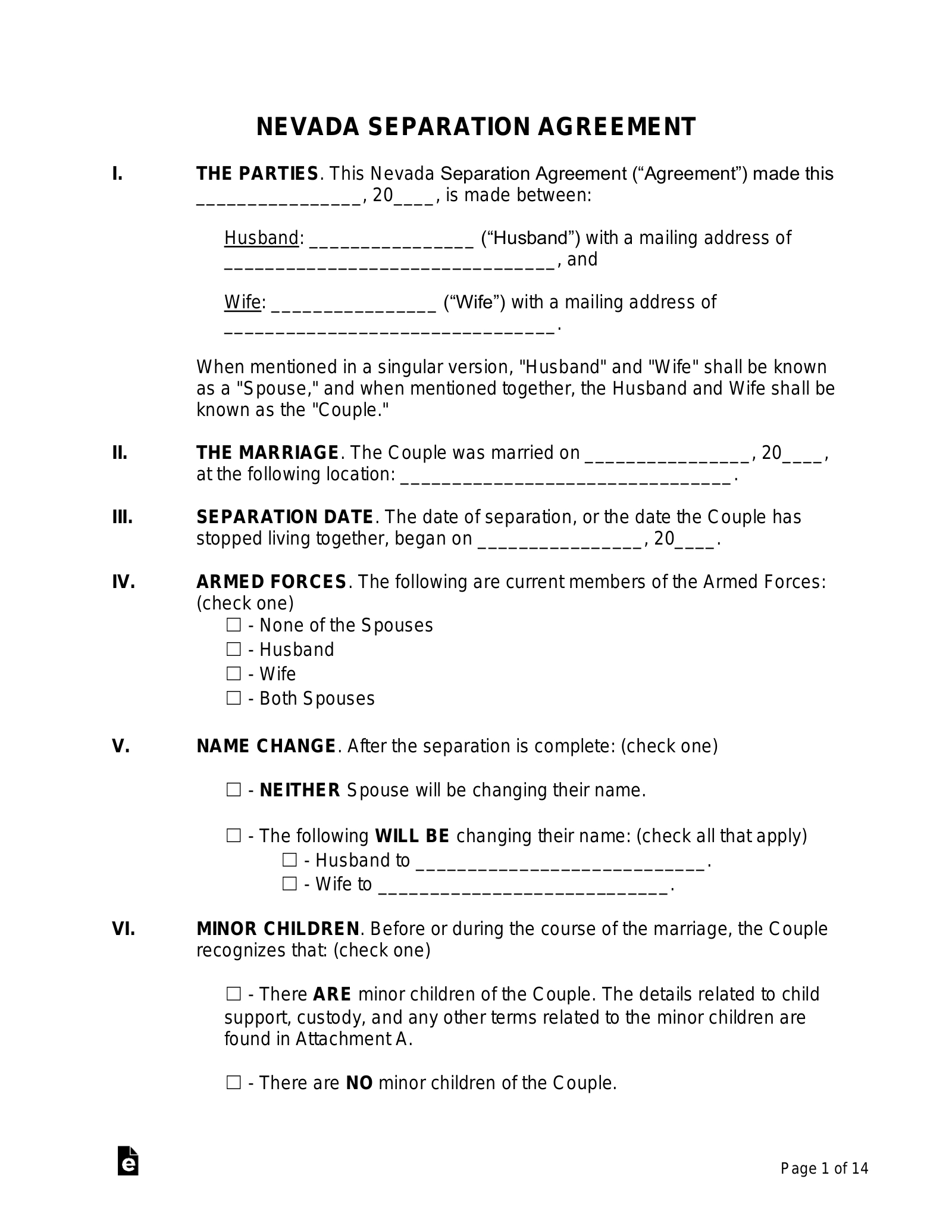 Free Nevada Separation Agreement Template - Pdf | Word – Eforms for Free Printable Divorce Papers Nevada