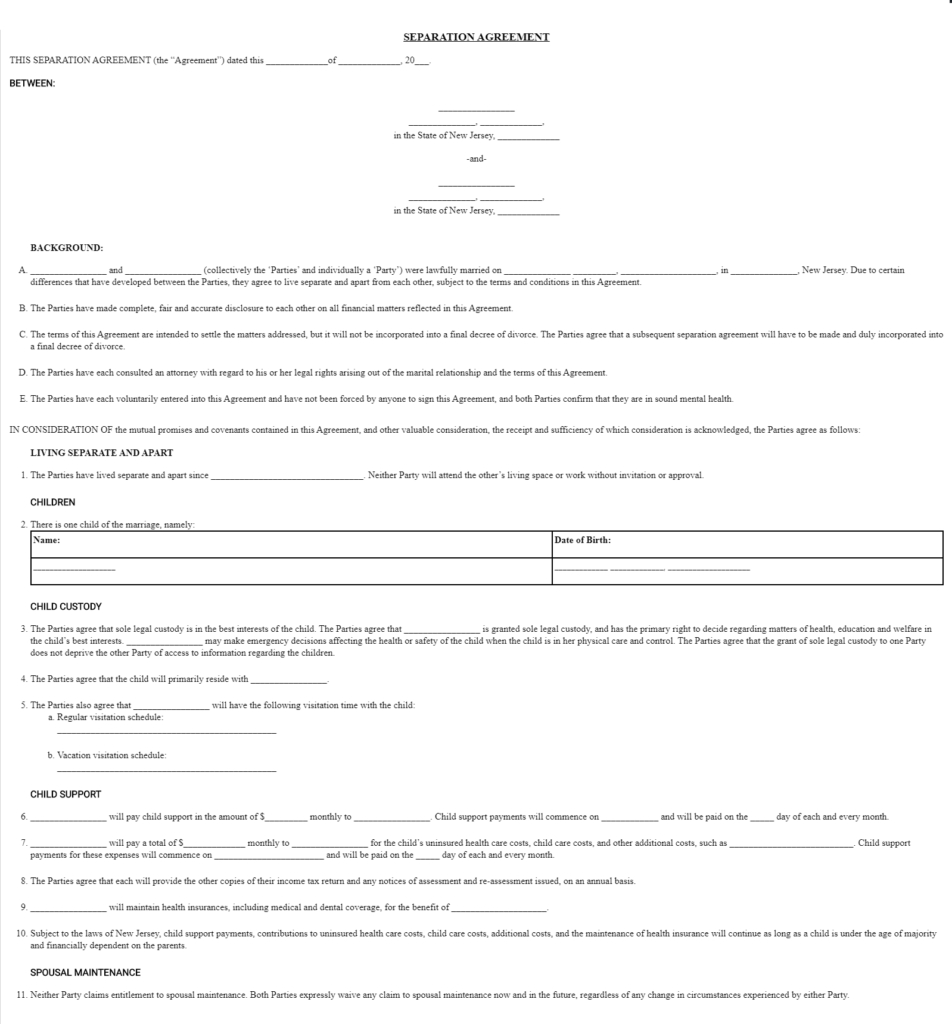 Free New Jersey Marital Separation Agreement | Legal Separation (Nj) for Free Printable Nj Divorce Forms