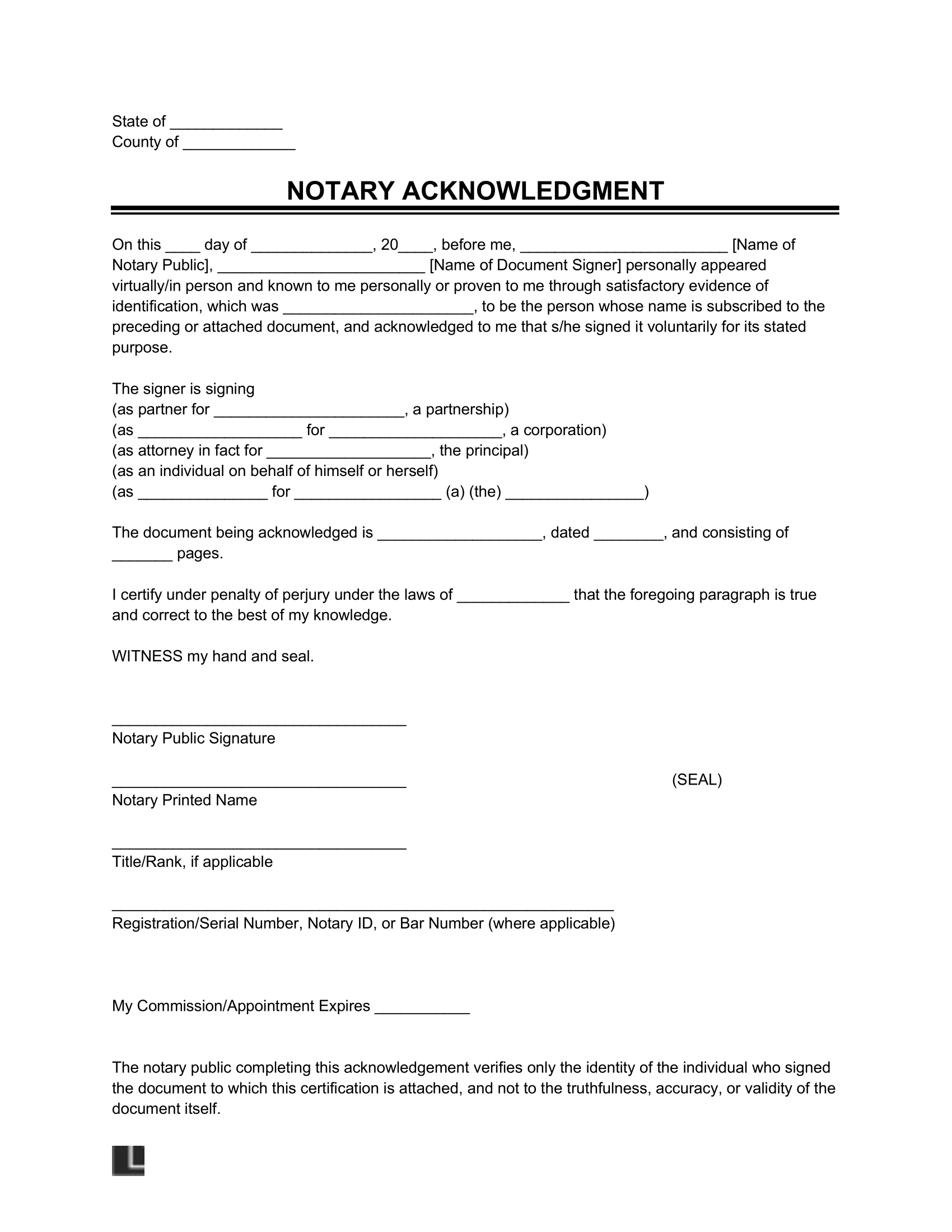 Free Notary Acknowledgment Form | Pdf & Word pertaining to Free Printable Legal Documents Forms