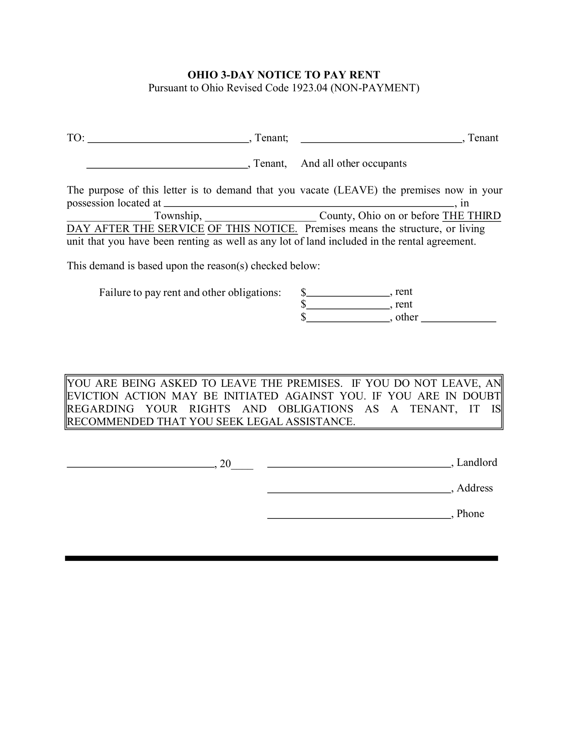 Free Ohio 3-Day Notice To Quit Form | Non-Payment - Pdf | Word in Free Printable Eviction Notice Ohio